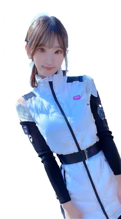 An innocent 20-year-old girl、((White tank top, Dramatic Pose)),smile,shortcut,natural Park、RAW Photos, (8k、highest quality、masterpiece:1.2)、(Intricate details:1.4)、(Photorealistic:1.4)、Octane Rendering、Complex 3D rendering with ultra-detail, Studio Soft Light, Rim Light, Vivid details, Super Detail, Realistic skin texture, Detailed aspect, Beautiful details in the eyes, Highly detailed CG Unity 16k wallpaper, compensate, (Detailed Background:1.2), Glowing Skin, whole body、(astrovest):2,(black long sleeves):5,((Standing with hands behind back、Leaning forward、Angle from above))