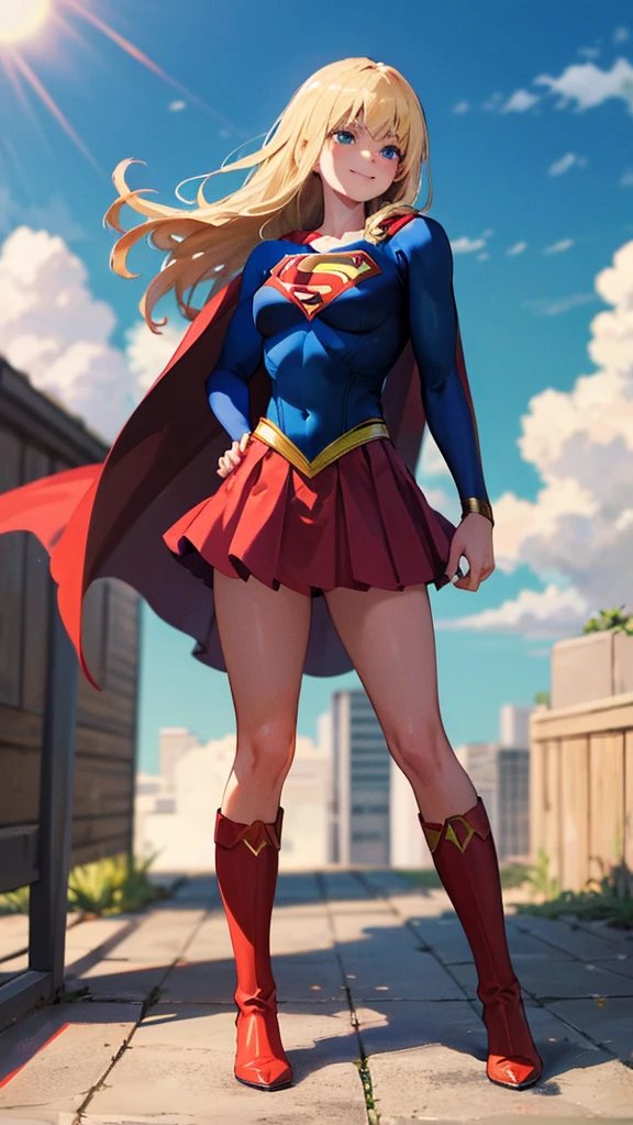 masterpiece, 4K, 8k, high quality, Very detailed, Detailed face, High resolution, Vibrant colors, Natural light, Best Shadow, Shallow depth of field, Portraiture (Supergirl:1.1) Standing on the roof, smile, Red Skirt, Red Cape, red boots with heels, delicate, Captivating blue eyes, Nice medium sized breasts, blonde, (Superman symbol on chest:1.2), barefoot, blue sky, sunlight, cloud, sun, bloom,