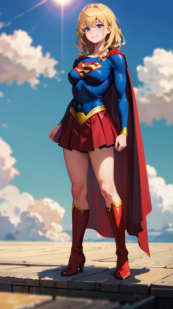 masterpiece, 4K, 8k, high quality, Very detailed, Detailed face, High resolution, Vibrant colors, Natural light, Best Shadow, Shallow depth of field, Portraiture (Supergirl:1.1) Standing on the roof, smile, Red Skirt, Red Cape, red boots with heels, delicate, Captivating blue eyes, Nice medium sized breasts, blonde, (Superman symbol on chest:1.2), barefoot, blue sky, sunlight, cloud, sun, bloom,