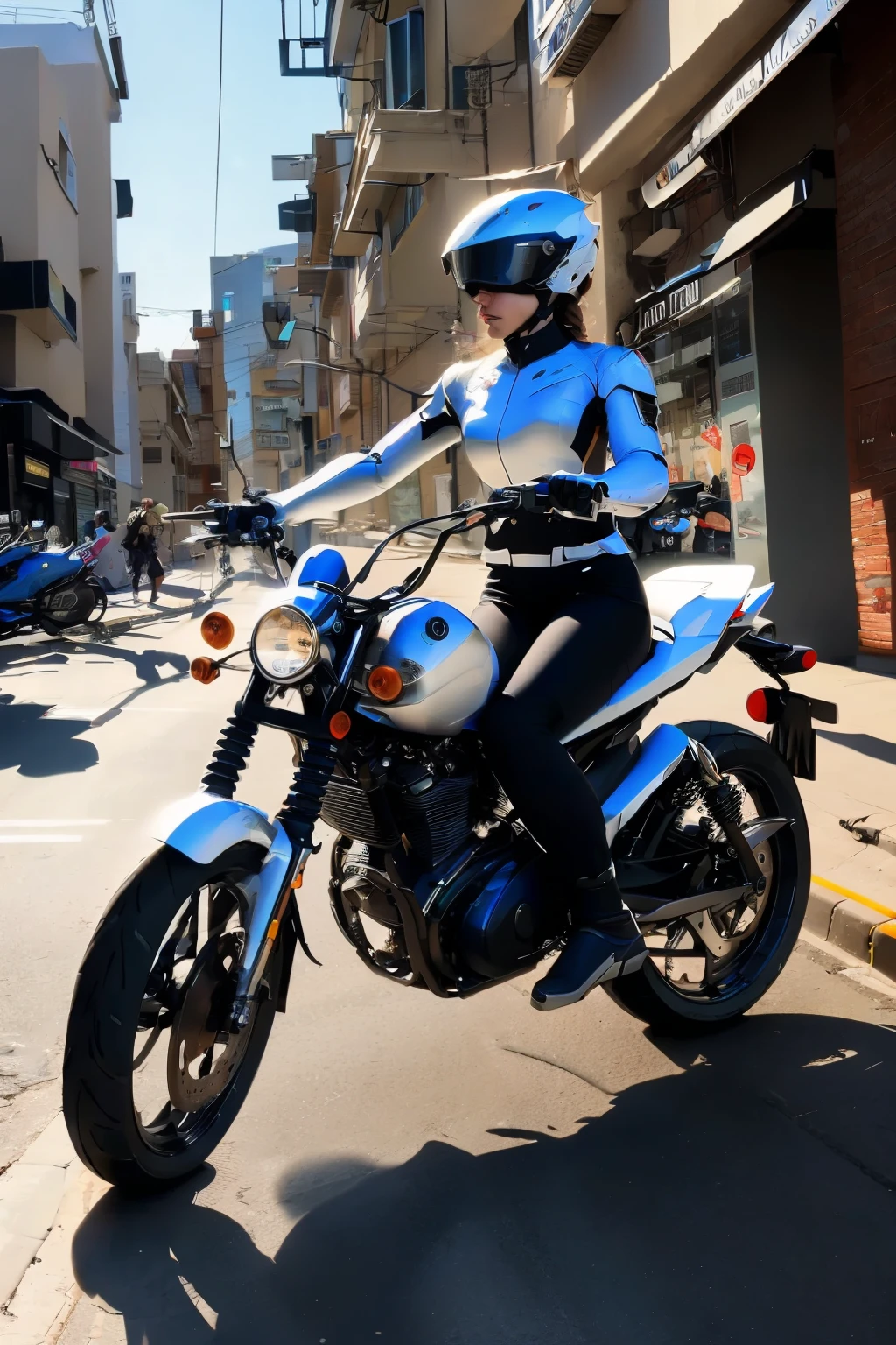 A female cyborg riding a high-tech motorcycle on the street, (side view:1.2), (best quality, high quality, absurdres, masterpiece:1.2), beautiful, intricate details, magnificent anatomy, slim body, beautiful figure, (intricate details:1.12), (intricate details, hyper-detailing:1.15), (natural skin textures, hyper realistic, soft light, sharp:1.2), HDR