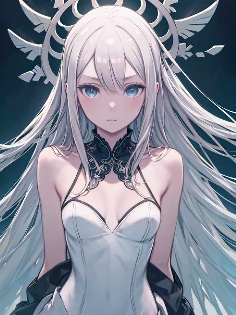 White-haired loli，Handsome, Fair skin, Silver-white eyes, White wolf ears，In the forest of movie lights, Dark and low light. Wear a white bondage suit,  Her skin is fair, Her face is exquisite and flawless, tmasterpiece, Art of the highest quality. This image is a very detailed 8K CG wallpaper, Featuring artistic cinematic lighting and cinematic tones with neutral filters.