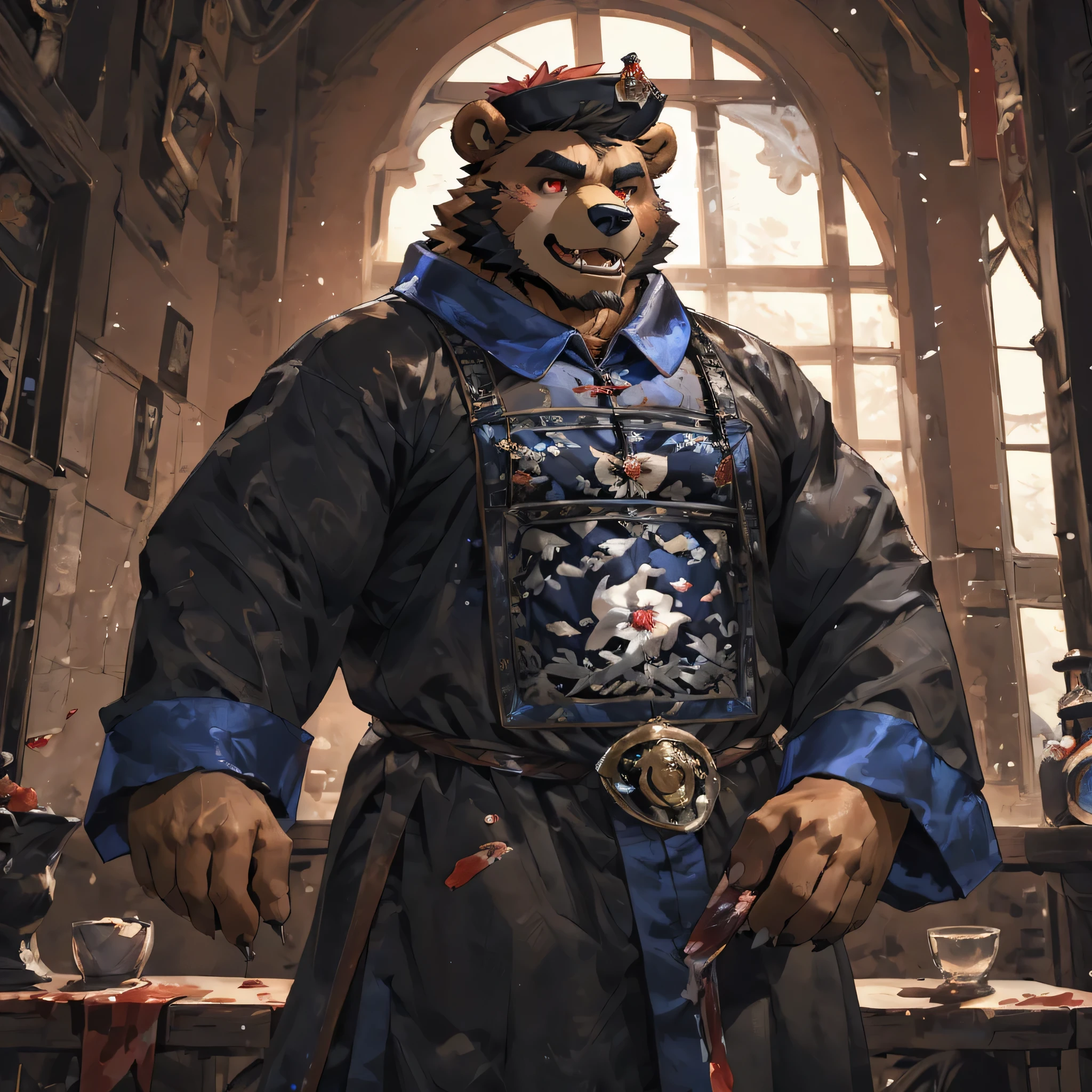 human nature, cannon, male, solitary, ((Round Face, thick beard)), ((Handsome)), (jiangshicostume:1.3), ((Brown Bear) Fluffy fur, Fluffy)，blood-red eyes, fangs, razor-sharpteeth, long fingernails, nail polish,open mouth,high quality，Bokeh, (high quality, high resolution, masterpiece), Front view (close up),by lindong，