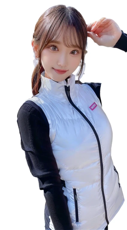 An innocent 20-year-old girl、((White tank top, Dramatic Pose)),smile,shortcut,natural Park、RAW Photos, (8k、highest quality、masterpiece:1.2)、(Intricate details:1.4)、(Photorealistic:1.4)、Octane Rendering、Complex 3D rendering with ultra-detail, Studio Soft Light, Rim Light, Vivid details, Super Detail, Realistic skin texture, Detailed aspect, Beautiful details in the eyes, Highly detailed CG Unity 16k wallpaper, compensate, (Detailed Background:1.2), Glowing Skin, whole body、(astrovest):2,(black long sleeves):5,((Standing with hands behind back、Leaning forward、Angle from above))