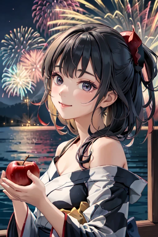 masterpiece, best quality, ultra detailed, highres, extremely detailed CG unity 8k wallpaper, perfect lighting, very detailed background, beautiful and aesthetic,sharp focus, perfect face, dynamic pose, dynamic angle,
1girl, upper body, (portrait:1.1), multicolored yukata, kanzashi, looking at viewer, full-face blush, from side, from below, smile,
night, dark sky, misty lake, mountainous horizon, break,aerial fireworks, (Full of sky fireworks:1.2),
Shoulder Bare、Off the shoulder、(Holding red apple candy:1.2)、