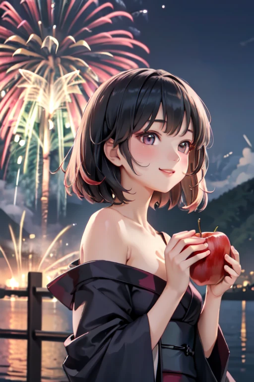 masterpiece, best quality, ultra detailed, highres, extremely detailed CG unity 8k wallpaper, perfect lighting,  very detailed background, beautiful and aesthetic,sharp focus, perfect face, dynamic pose, dynamic angle,
1girl, upper body, (portrait:1.1), multicolored yukata, kanzashi, looking at viewer,  full-face blush, from side, from below, smile,
night, dark sky, misty lake, mountainous horizon, break,aerial fireworks,  (Full of sky fireworks:1.2),
Shoulder Bare、Off the shoulder、(Holding red apple candy:1.2)、