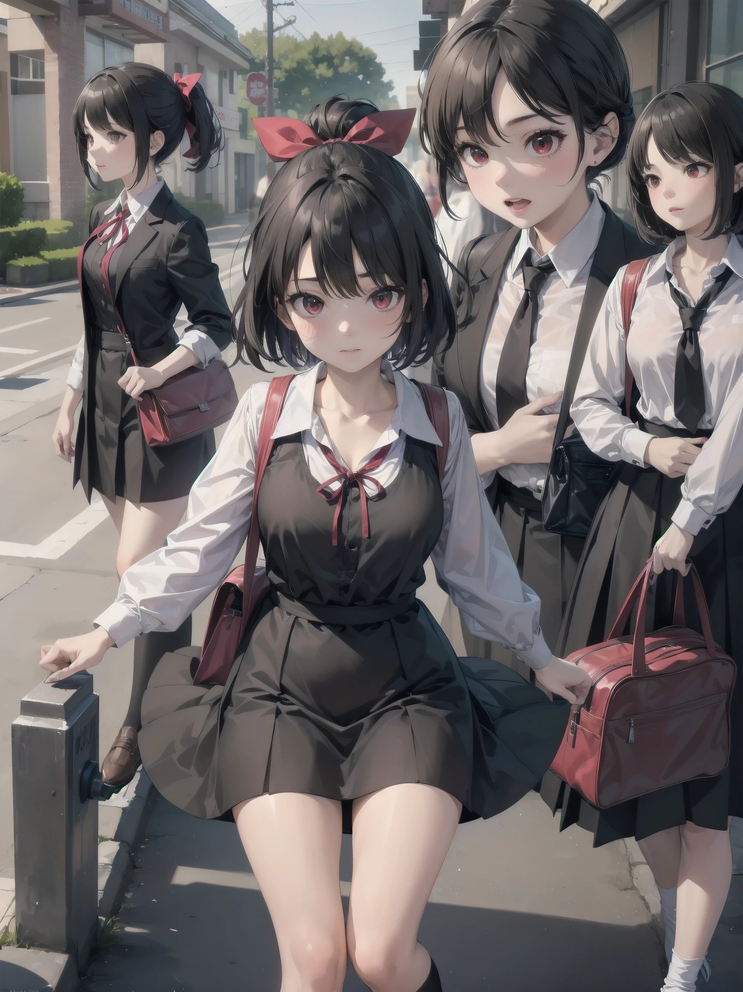 Masterpiece, top quality, super detailed, 16k, One girl, spring, high school, warm colors, school bag, accurate and highly detailed background, flock of schoolgirls in uniforms of various body shapes and hairstyles, cute. Blake. , red eyes, black hair, ribbon, red ribbon, hair ribbon, parted bangs, folded ponytail, , shuuchiin academy , dress, sidelocks, breasts, black dress, collarbone, short hair, long sleeves
