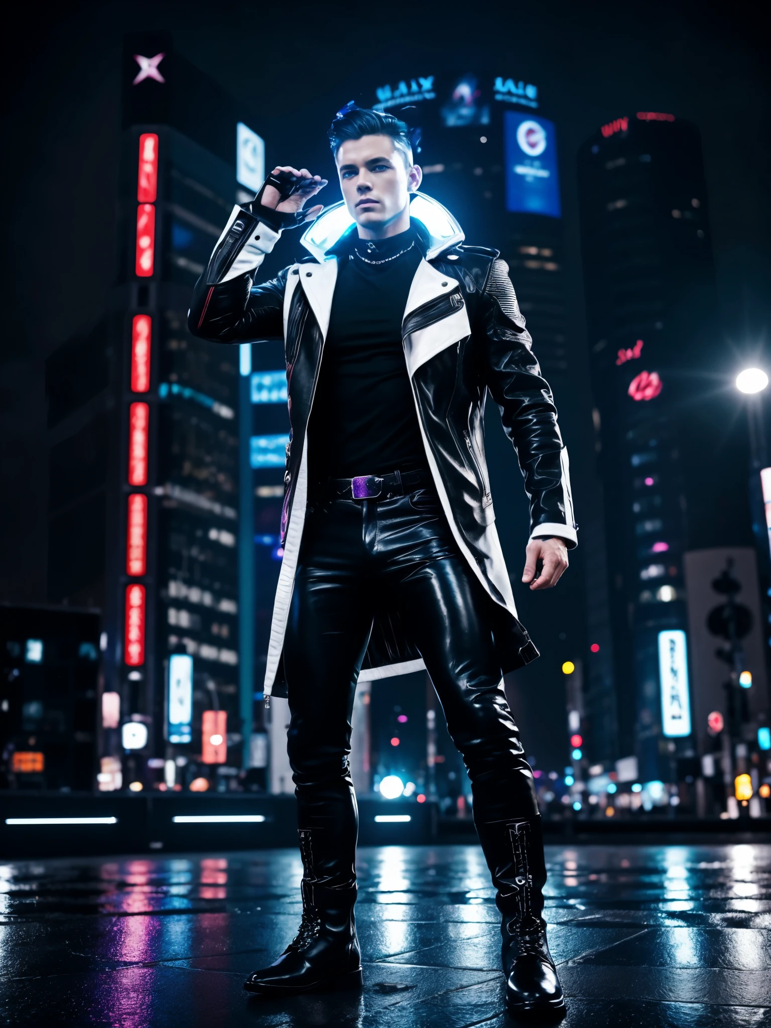 (best quality), (detailed), white male, muscular, galaxy hair, blue eyes, black and white leather jacket, black shirt, black and white leather pants, black boots, infinity magician, rainbow aura on his hands like scarlet witch, night rain shibuya tokyo background