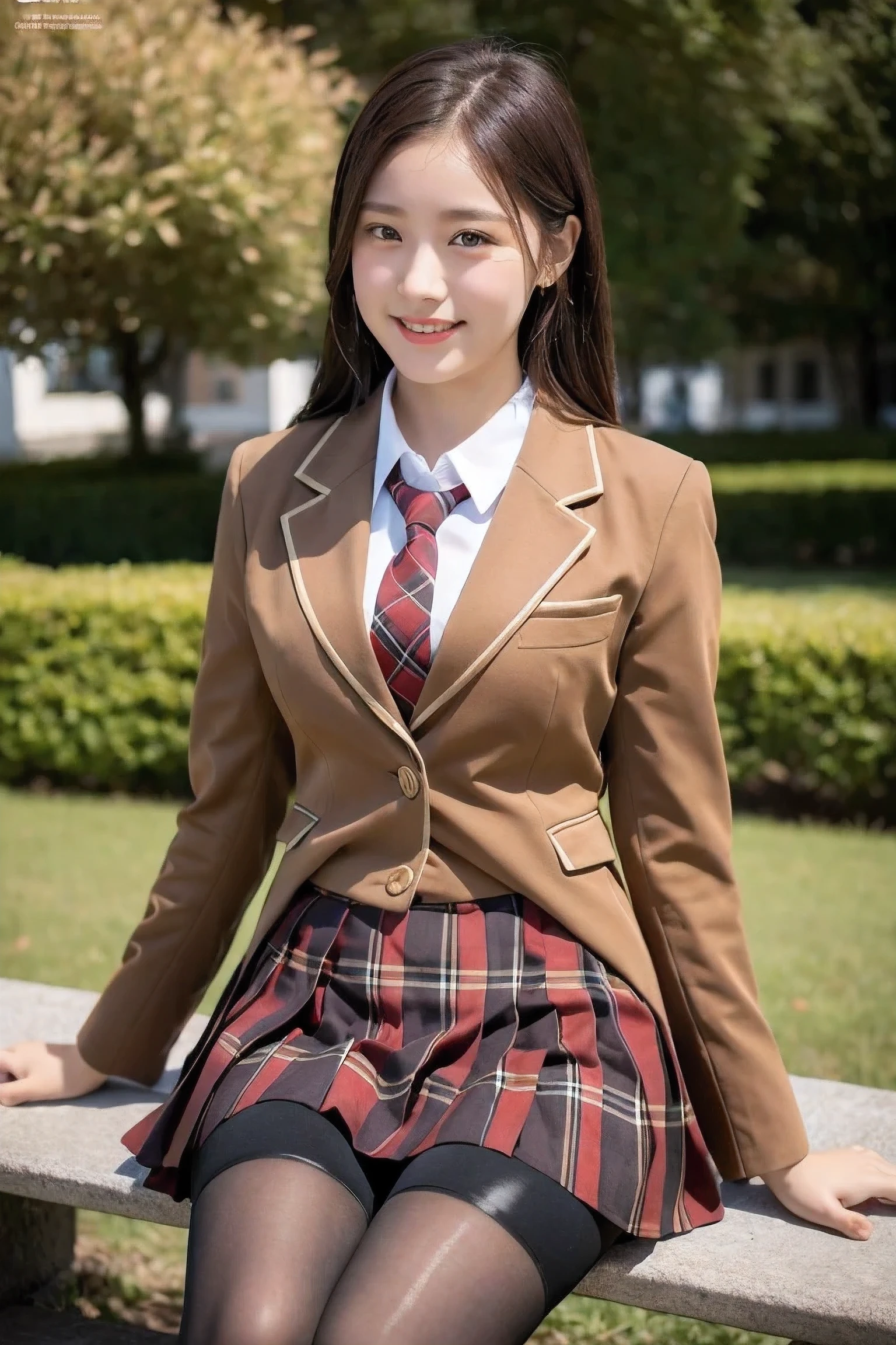 (8K), (highest quality: 1.2), (realistic), (realistic: 1.37), ultra high resolution, 1 girl, cute, smile, closed mouth, beautiful details, beautiful nose, wet hair, giant dulcefo, pork, thighs，self snap,University Student Uniform,sunny day,I can see the sea in the distance,sit on a bench in the park,face down,From above,(Simple light brown blazer 1),(dark brown pleated skirt),dark red bow tie,(The pattern of the skirt and tie is a tartan check pattern...:1.3),thighs,knee high tights,Close up on thighs, nsfw