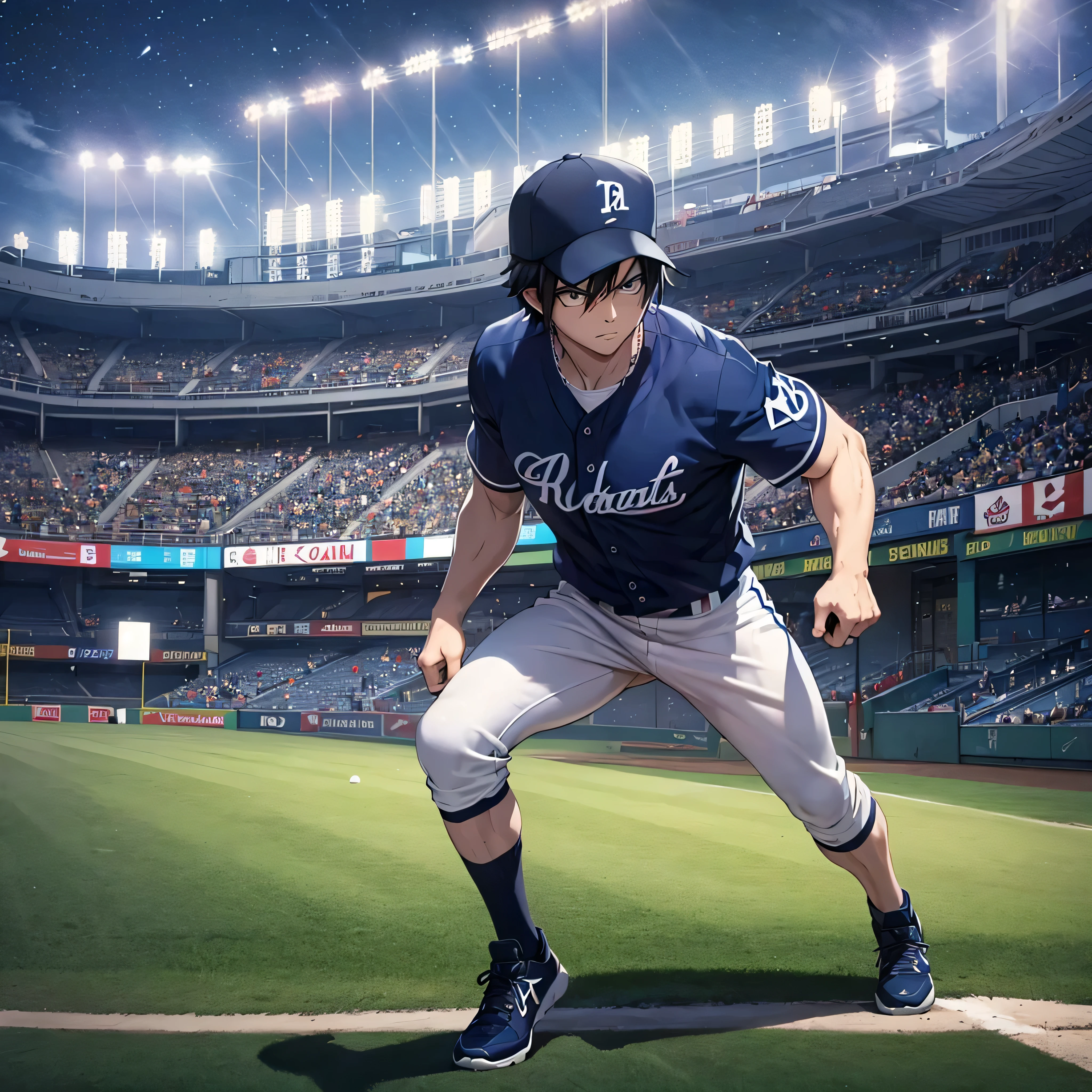 a man, wearing a classic baseball uniform, black hair, dark blue eyes, baseball cap, sports shoes, walking on the field in a baseball stadium, night place, bright place, full body, muscular, serious face, very detailed, masterpiece, ultra defined, ultra resolution. (solo man)