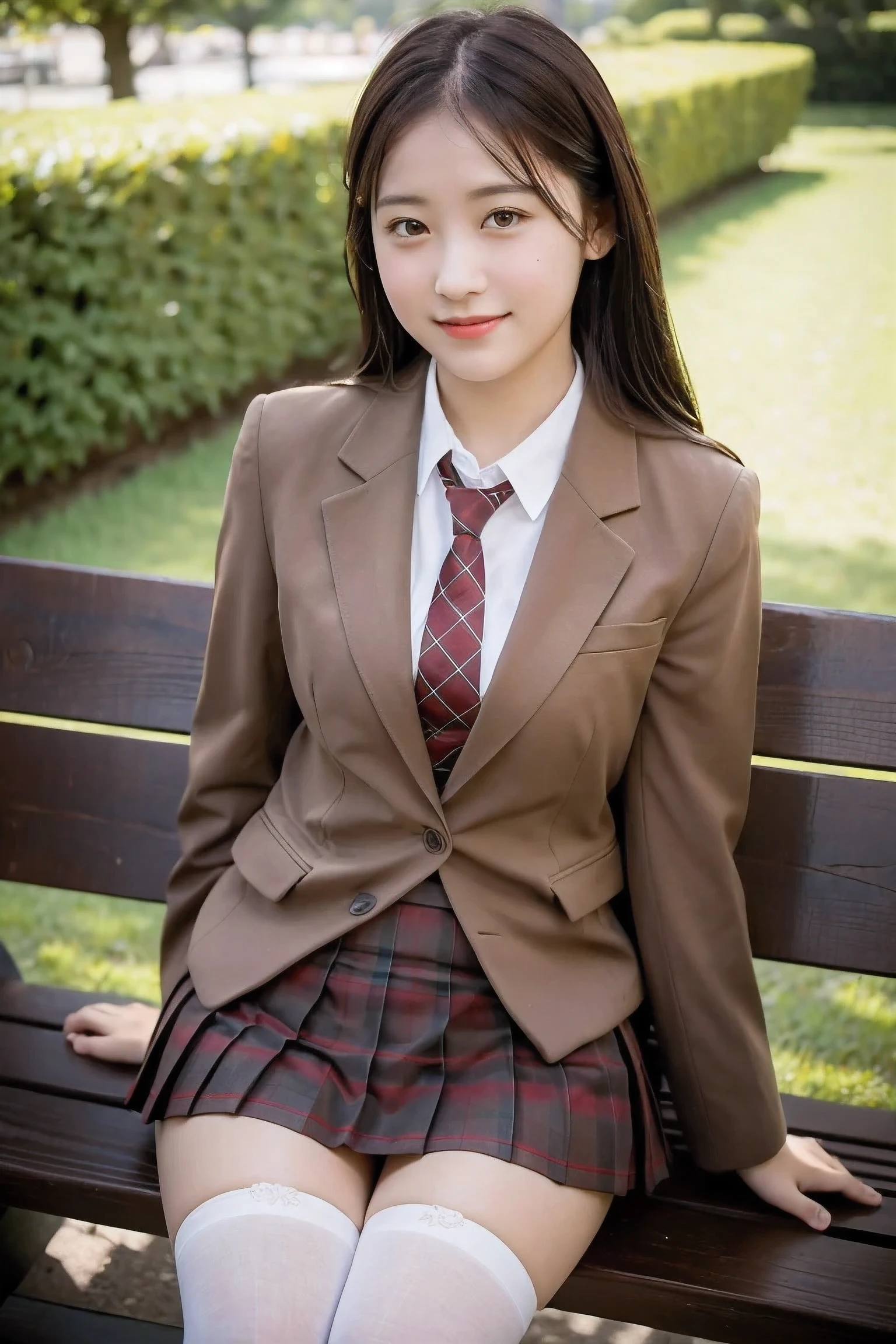 (8K), (highest quality: 1.2), (realistic), (realistic: 1.37), ultra high resolution, 1 girl, cute, smile, closed mouth, beautiful details, beautiful nose, wet hair, giant dulcefo, pork, thighs,self snap,University Student Uniform,sunny day,I can see the sea in the distance,sit on a bench in the park,face down,From above,(Simple light brown blazer 1),(dark brown pleated skirt),dark red bow tie,(The pattern of the skirt and tie is a tartan check pattern...:1.3),thighs,knee high tights,Close up on thighs, nsfw