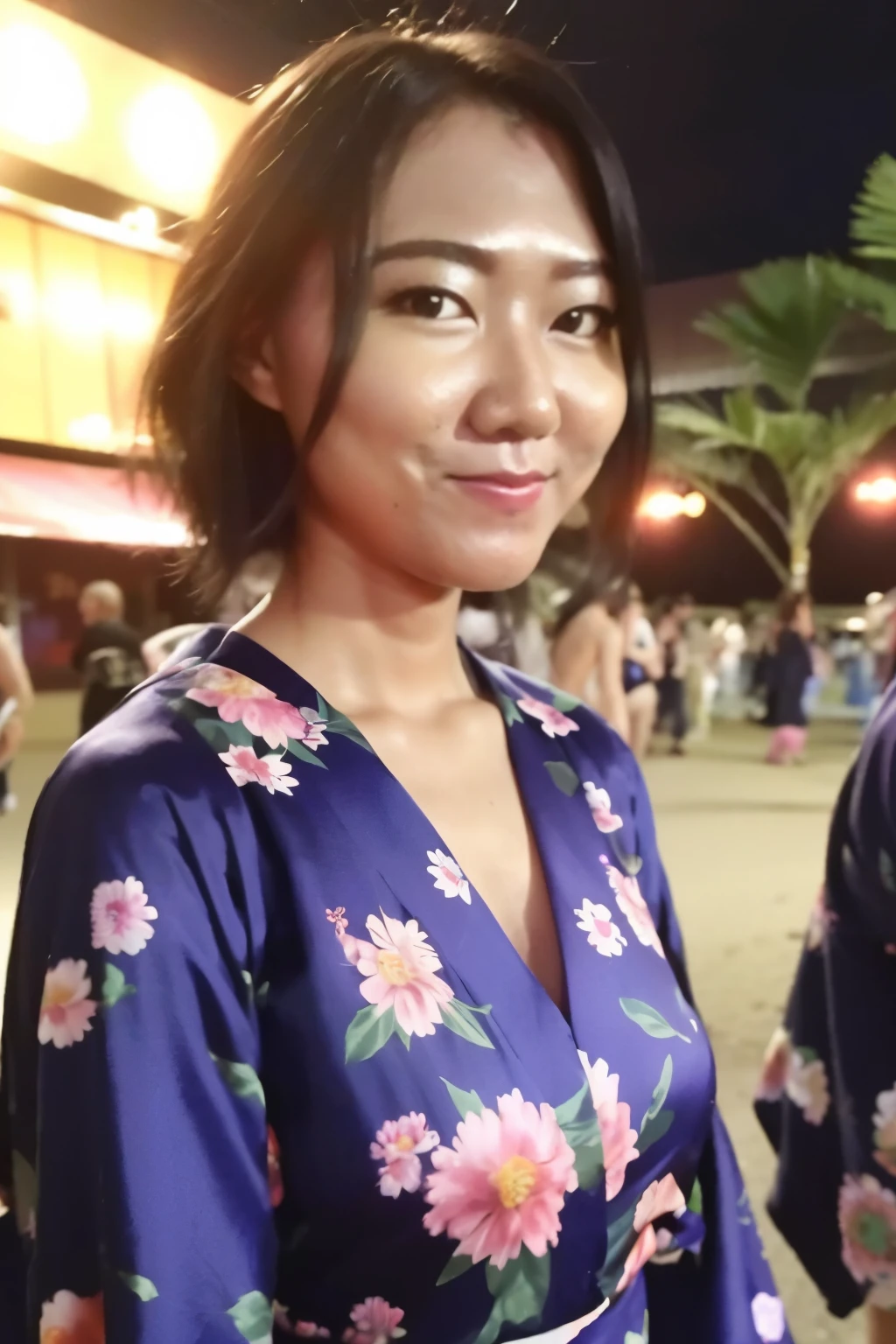 (8K、top-quality、masutepiece、超A high resolution:1.2) (Summer Festival Night:1.4) Photo of one beautiful Japan woman、Dark blue Japan floral kimono、Purple band detailed face, detailed dress