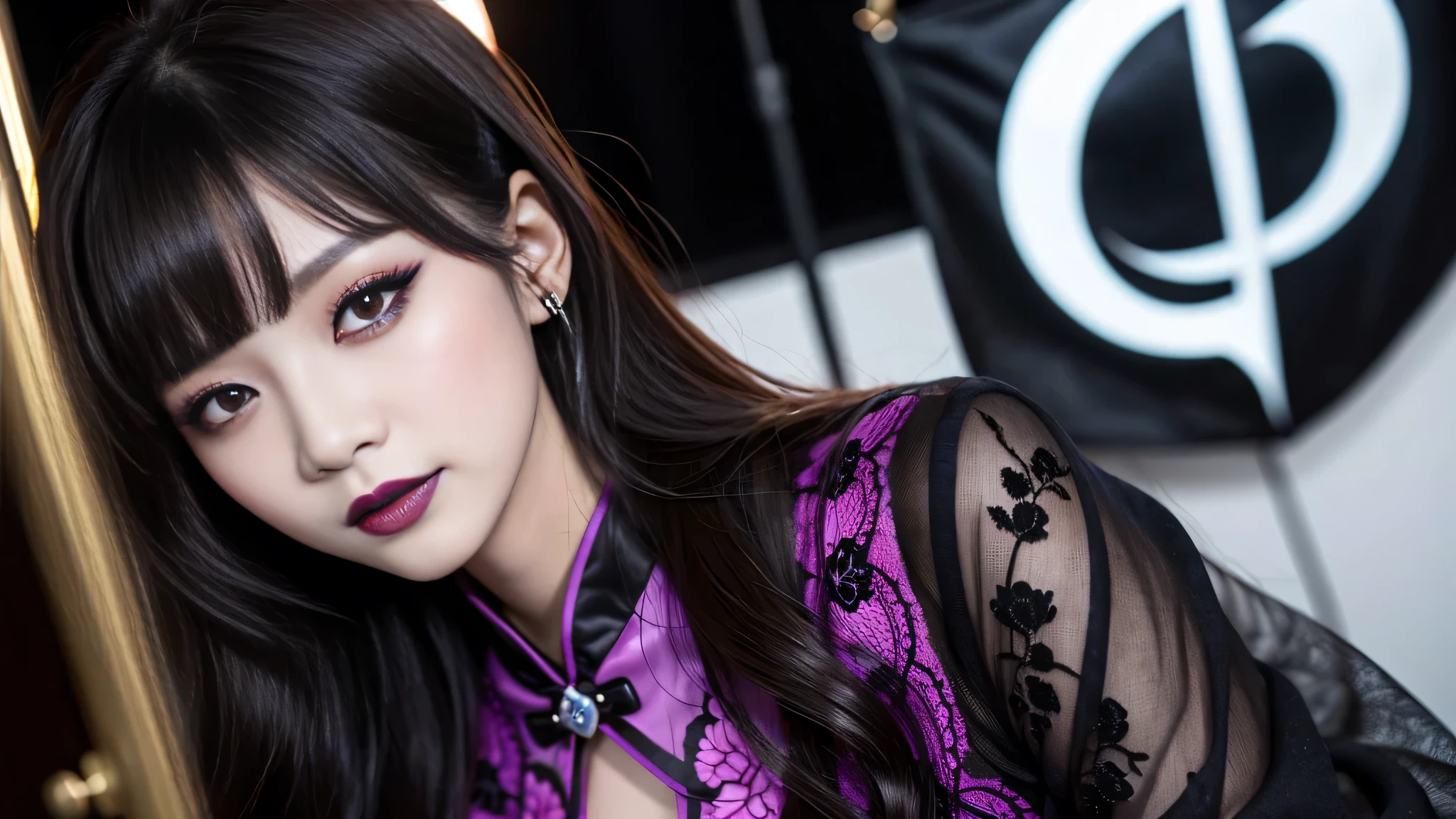 One woman、best quality、ultra-detailed、4k、Japanese、Seductive beauty、seductive adult woman、Pretty Woman、cool girl、Villainess、Brainwash、Fallen into evil、smirk、Evil look、Wicked Smile、evil、Brown hair、wavy hair、swept bangs、dark makeup、dark makeup、piercing eyes、hollow eyes,half-closed eyes、Hollow Eyes、Purple Eyeshadow、black lipstick、black lipglos、Lace fabric、Long Black Cheongsam、Wide sleeves、night、inside darkroom、have、Emblem of Evil、Crest of Darkness、Swear allegiance、I have pledged my allegiance、Dye black、Blackening、Stained with evil、Dyed in darkness、Seduce