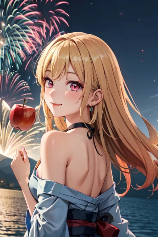 masterpiece, best quality, ultra detailed, highres, extremely detailed CG unity 8k wallpaper, perfect lighting, very detailed background, beautiful and aesthetic,sharp focus, perfect face, dynamic pose, dynamic angle,
1girl, upper body, (portrait:1.1), multicolored yukata, kanzashi, looking at viewer, full-face blush, from side, from below, smile,
night, dark sky, misty lake, mountainous horizon, break,aerial fireworks, (Full of sky fireworks:1.2),
Shoulder Bare、Off the shoulder、(Holding red apple candy:1.2)、kitagawa marin, 1girl, blonde hair, long hair, multicolored hair, red eyes, jewelry, earrings, piercing, black choker, blue necktie,