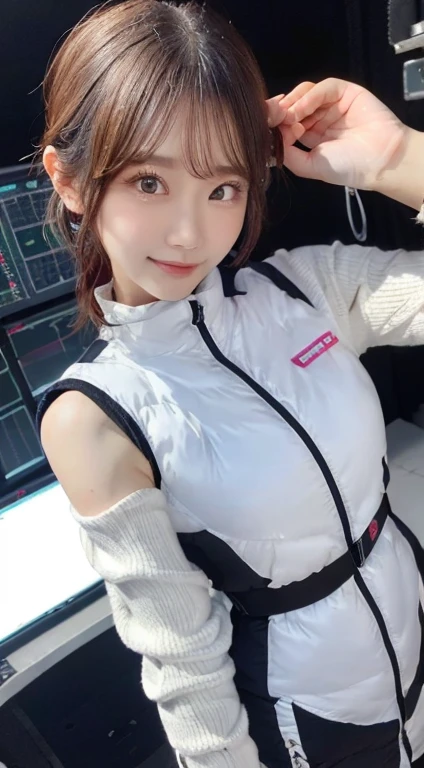 An innocent 20-year-old girl、((White tank top, Dramatic Pose)),smile,(Spacecraft control room):2,、RAW Photos, (8k、highest quality、masterpiece:1.2)、(Intricate details:1.4)、(Photorealistic:1.4)、Octane Rendering、Complex 3D rendering with ultra-detail, Studio Soft Light, Rim Light, Vivid details, Super Detail, Realistic skin texture, Detailed aspect, Beautiful details in the eyes, Highly detailed CG Unity 16k wallpaper, compensate, (Detailed Background:1.2), Glowing Skin, whole body、(astrovest):2,(black long sleeves):5,((Standing with hands behind back、Leaning forward、Angle from above))