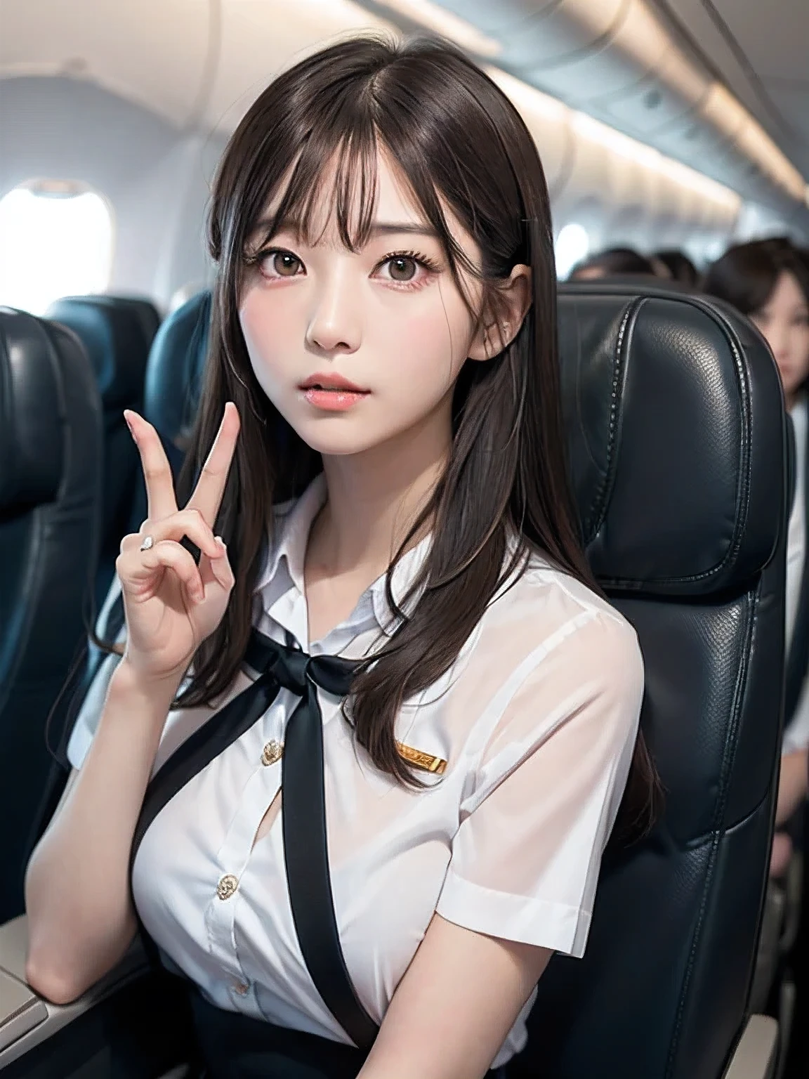 (professional portrait、professional writing)、(anatomically correct fingers:1.3), (beautiful fingers:1.3), highest quality, Detailed workmanship、high resolution、(8K, High resolution:1.2)、(RAW photo, photorealistic:1.3)、masterpiece、slender body shape、high definition face、Face is in focus、high definition eyes、(Focused, symmetrical pupils:1.2)、High-definition and beautiful skin、firm skin、natural makeup、gross lip, High-definition hair texture, (I hide my chest with my hands:1.2), japanese woman, 18-year-old、cabin attendant, Stewardess break(japan air line uniform), Inside the airplane、sitting, Horse racing gaze、(She is glaring at the camera with her eyes looking up.:1.2), sfw