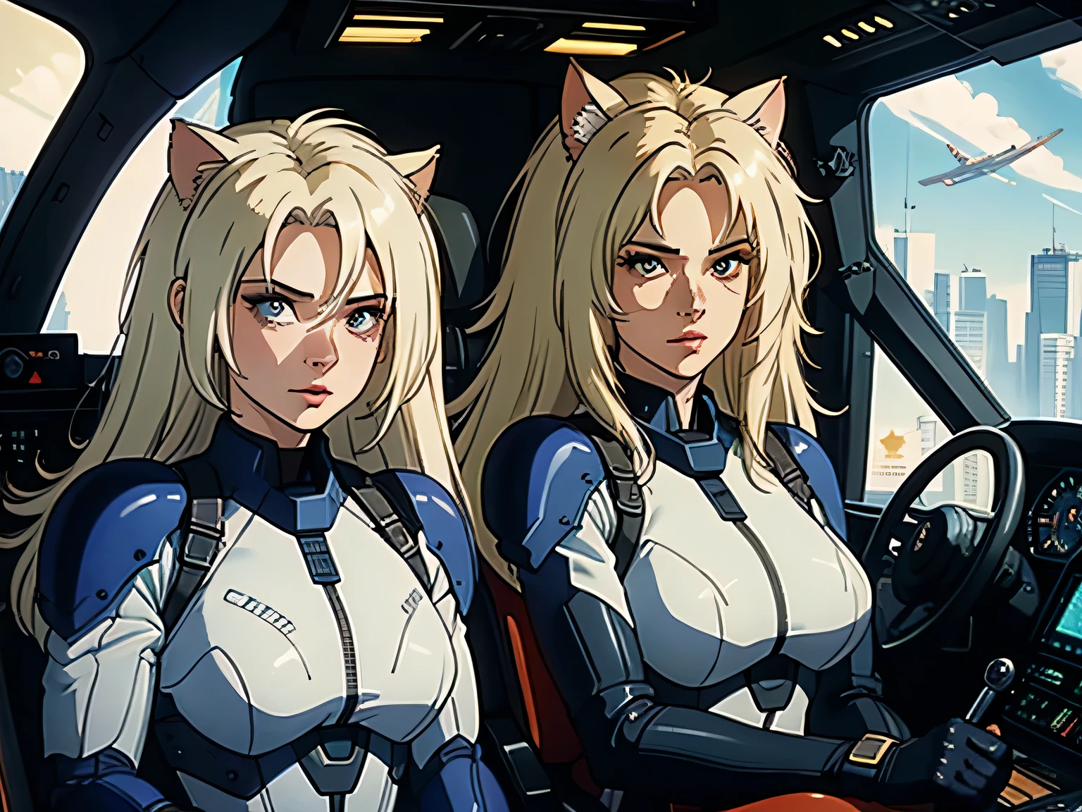 ((highest quality)), ((masterpiece)), (be familiar with), (High definition), 8K, Perfect Face、2Women、Two blonde women with cat ears、((Two people piloting a mobile suit in the cockpit))、Fearless smile、tall、2 Blonde cat ears、2. Long Hair、2. Volumetric hair style、Large Breasts、Narrow waist、Big Ass、glamorous、Alluring、protector、Armor、combat suit、Combat Boots、Armament、Cinematic、Best Shadow、Side lighting、NEO TOKYO、((pilot and gunnar))、(Close-up of face)