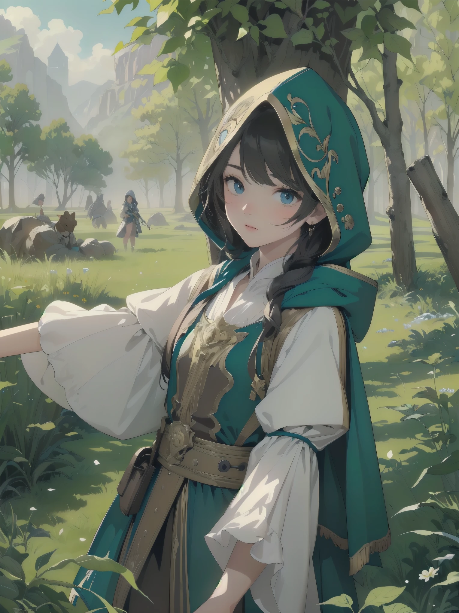 (Masterpiece, top quality, highest quality, official art, beautiful and aesthetic: 1.2), 1 girl, solo, marquise, adventurer, hood, meadow, detailed background, otherworldly fantasy with overwhelming modeling and super detailed amount of writing, one of the most powerful battle scenes, deep and detailed background, cute and beautiful girl, imaginative Cute girls, imaginative posing