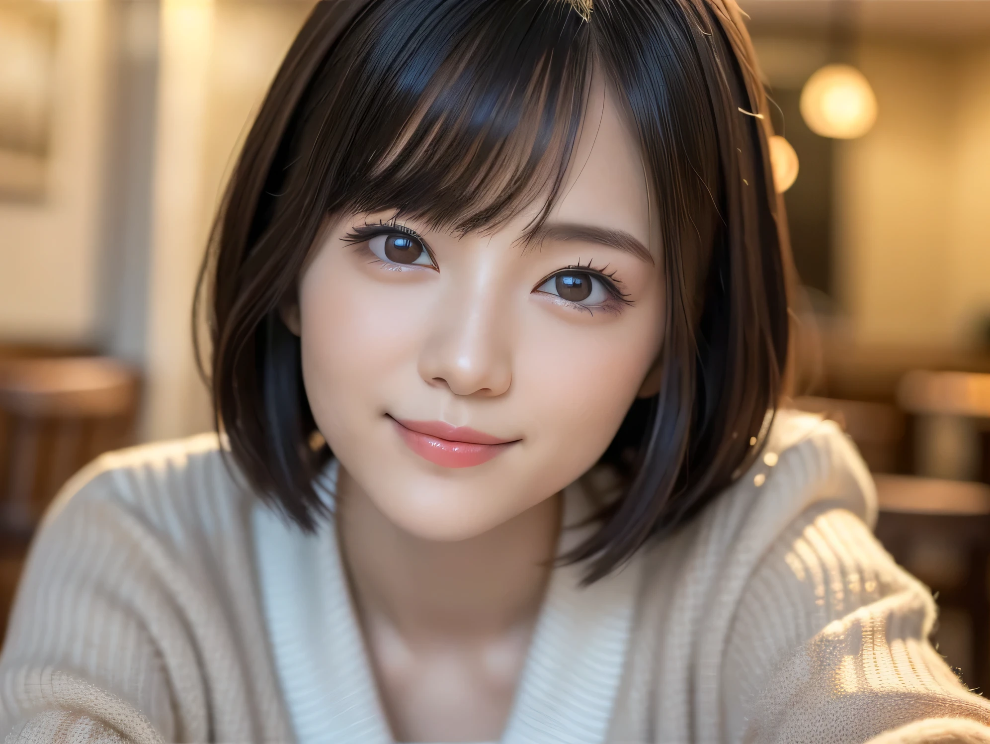 (highest quality:1.5)、(Realistic:1.5)、(1 person:1.5)、Very detailed、High resolution、8k wallpaper、、(Leaning forward)、forward leaning posture、Leaning forward、Cute woman wearing a sweater、Small breasts、Natural color lips、Cute smile、Japanese women、20 year old girl、Thin eyebrows、Beautiful and elegant face、cute face、cute eyes、Big eyes、Fair skin、Beautiful and elegant face、Natural Bangs、Beautiful and thin nose、Beautiful Skin、Medium Bob Hair、Natural Bangs、Perfect and beautiful face、Slim face and figure、（Looking at the camera with a cute expression）、(Bright lighting)、Professional Lighting、 (Lighting from the front)、Natural smile、Beautiful clavicle、cute cleavage、Natural smile、cute、Brightly lit cafe、