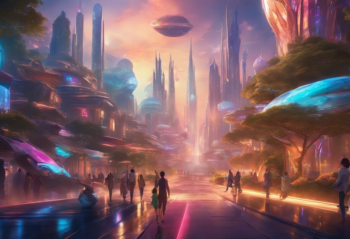 (best quality,4k,8k,highres,masterpiece:1.2),ultra-detailed,(realistic,photorealistic,photo-realistic:1.37),high fashion futuristic clothing,gorgeous vibrant colors,beautifully detailed eyes, lips, and face, futuristic cityscape with floating buildings, flying cars zooming through the air, masterfully crafted futuristic architecture, crystal-clear city lights reflecting on the water, intricate designs on futuristic clothing, futuristic technology seamlessly integrated into daily life, breathtaking city views from high above, advanced holographic displays creating a mesmerizing atmosphere, cutting-edge transportation systems, people effortlessly gliding through the city on futuristic hoverboards, vibrant neon lights illuminating the night sky, bustling streets filled with stylish and confident individuals, intricate patterns and textures on buildings and clothing, hyper-realistic textures and materials, ultra-smooth surfaces and realistic reflections, dynamic and dramatic lighting effects, creating captivating shadows and highlights.
