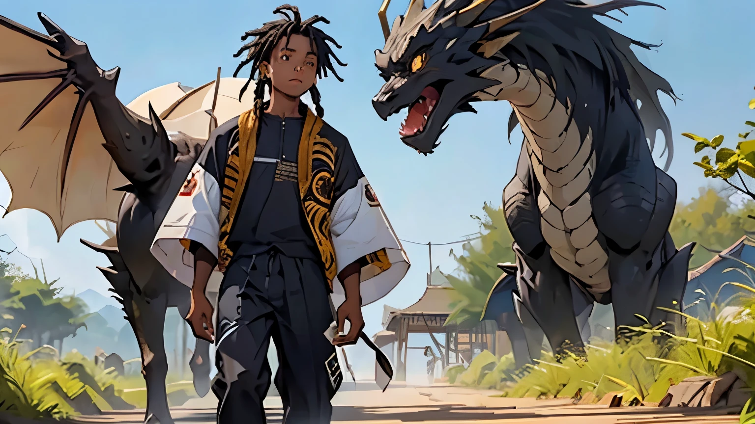 An African boy in normal teenage clothes with small dreadlocks black skin walking in the mysterious African region comes across a large black dragon standing, garoto com rosto perfeito, rosto perfeito, ((melhor qualidade)), ((obra de arte))
