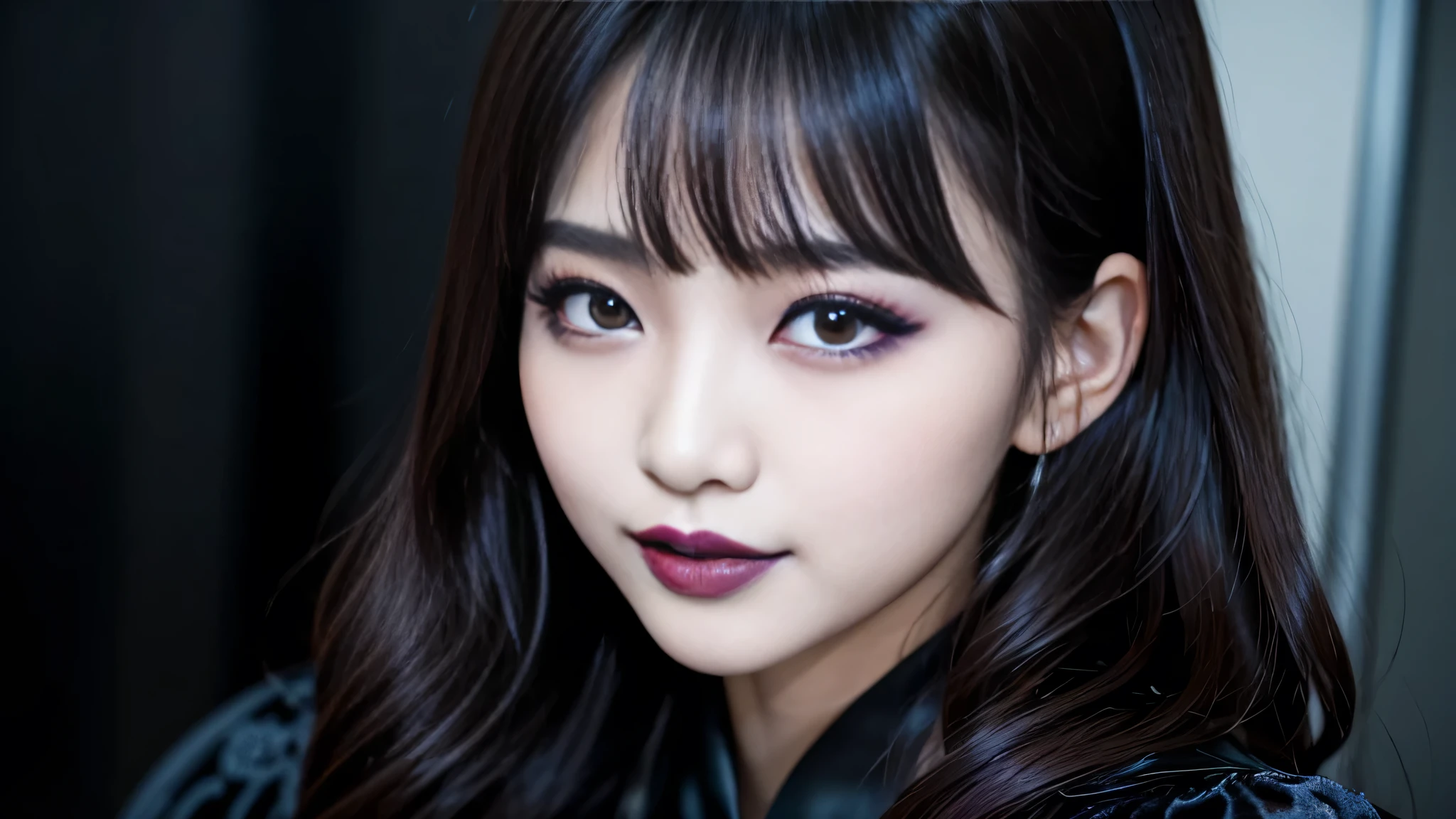 One woman、best quality、ultra-detailed、4k、Japanese、Seductive beauty、seductive adult woman、Pretty Woman、cool girl、Villainess、Brainwash、Fallen into evil、smirk、Evil look、Wicked Smile、evil、Brown hair、wavy hair、swept bangs、dark makeup、dark makeup、piercing eyes、hollow eyes,half-closed eyes、Hollow Eyes、Purple Eyeshadow、black lipstick、black lipglos、Long Black Cheongsam、Wide sleeves、night、inside darkroom、Has a switch、Emblem of Evil、Crest of Darkness、Swear allegiance、I have pledged my allegiance、Dye black、Blackening、Stained with evil、Dyed in darkness、