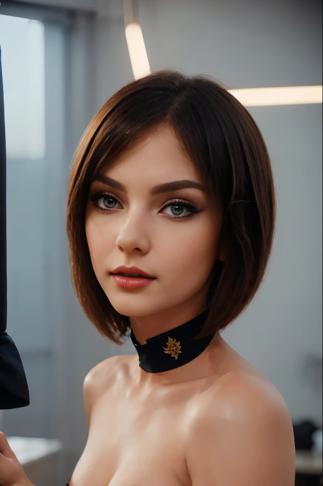 beautiful woman, 35 years old, short shoulder length hair (bob), pale white skin (highly detailed), bright blue eyes, perfect body, makeup, red lips, ((small breast)), black and red military officer uniform, cap black and red military officer photo, detailed light, illustration, depth of field (best quality), (background blur: 0.6), beautiful and soft lighting, (front light: 1.5), (ultra high resolution, best quality), (8k), best quality, masterpiece), technological sense, best quality, masterpiece, illustration, official art, incredibly fine details, extremely delicate and beautiful, extremely detailed, highly detailed, sharp focus, rich background, ( real person, photograph), ((highly detailed skin)),