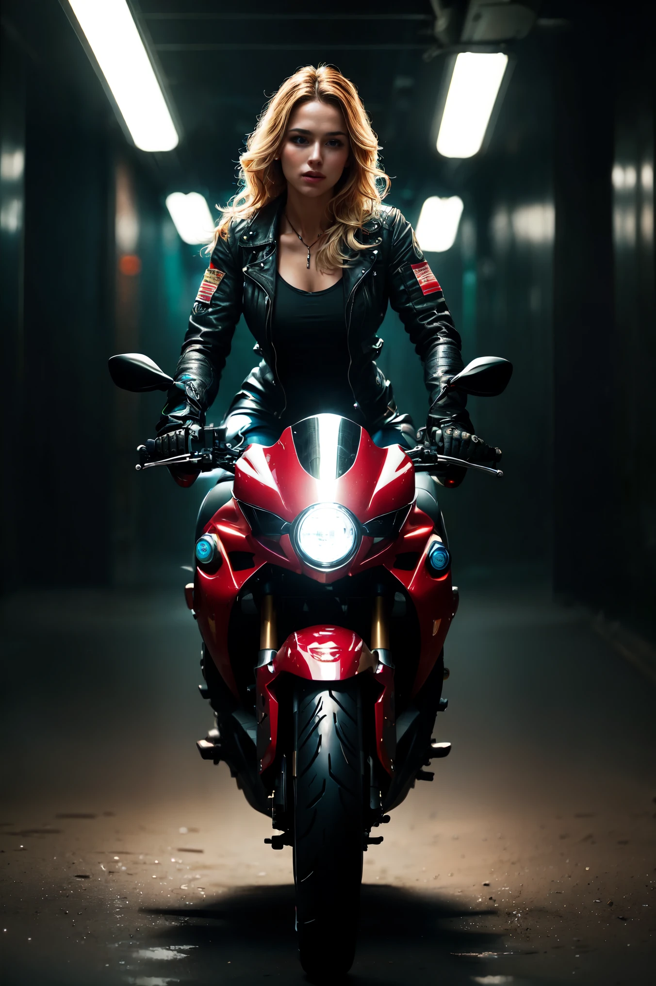 Sexy cyborg girl riding on the motorcycle, blonde hair, french braid, (Best quality, 4K, 8k, A high resolution, masterpiece:1.2), absurdity, masterpiece, ultra detailed, (realistic, photorealistic, photorealistic:1.37), complex parts, HDR, (complex parts:1.12), (hyper detailed, hyper realistic, Soft lighting, spicy:1.2), beautiful figure, Magnificent Anatomy, (complex part, Hyper detailed:1.15), Smooth skin,