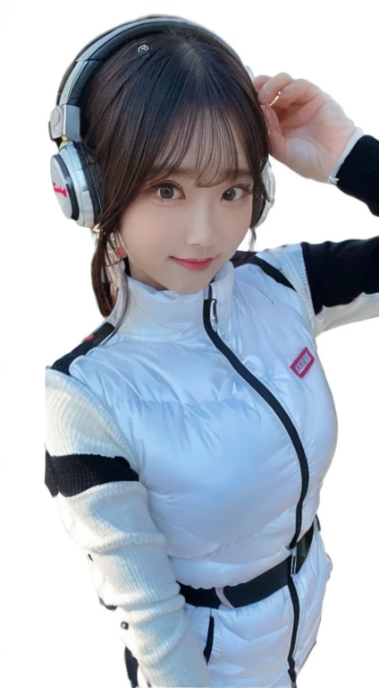 An innocent 20-year-old girl、((White tank top, Dramatic Pose)),smile,BREAK (Spacecraft control room background):2,、BREAK RAW Photos, (8k、highest quality、masterpiece:1.2)、(Intricate details:1.4)、(Photorealistic:1.4)、Octane Rendering、Complex 3D rendering with ultra-detail, Studio Soft Light, Rim Light, Vivid details, Super Detail, Realistic skin texture, Detailed aspect, Beautiful details in the eyes, Highly detailed CG Unity 16k wallpaper, compensate, (Detailed Background:1.2), Glowing Skin, whole body、headphone,smartwatch,(astrovest):2,(black long sleeves):5,((Standing with hands behind back、Leaning forward、Angle from above))