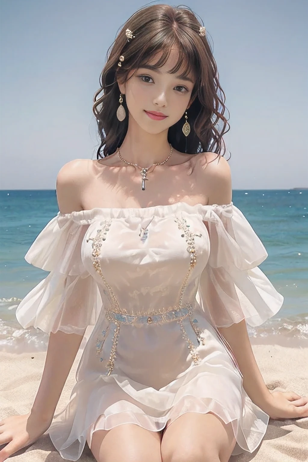 ((actual)), 1 busty girl, Posing for photos, exteriors, Seafront, Lie flat on the beach, Cross ed leg, pretty legs,detailed scene, curlies, Air bangs, beautiful hair ornaments, Brownish-yellow hair, (((Transparent see-throught dress)))((Sweet girly clothes 4,Off-the-shoulder dress,jewely,)), illuminate warmly, warm color palette, Detailed details, ultra - detailed, (tmasterpiece, Best quality at best), (An extremely delicate and beautiful work), Delicate earrings, Delicate necklace, simple blurr background, Extremely detailed description, Ultra-fine painting, delicated face, slim toned body, (ssmile, Teeth are exposed), (Anatomical correct)