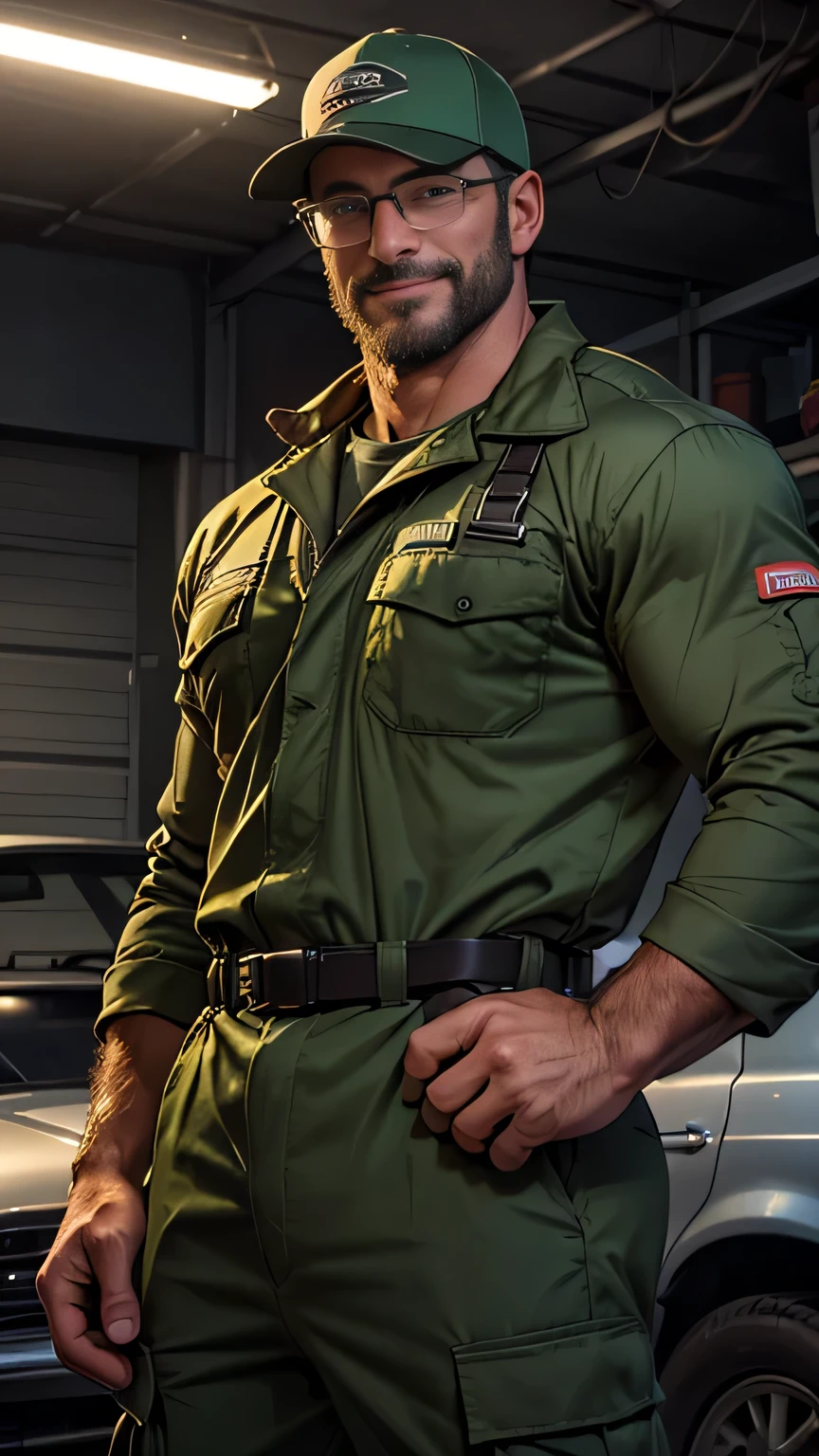 An award-winning original photo，A wild muscular man, (40 years old daddy:1.1), 1boy, Solo, (green longsleeves mechanic jumpsuit), (tool belt), (green baseball cap), black hair, (big shoulders), musculature, stubbles, Short beard, Beautiful eyes:1.3, ), (Detailed face:1.3), wearing eyeglasses, smiles, Dynamic Angle, volumetric lighting, (Best quality, A high resolution, Photorealistic), Cinematic lighting, Masterpiece, RAW photo, Intricate details, hdr, depth of field, garage
