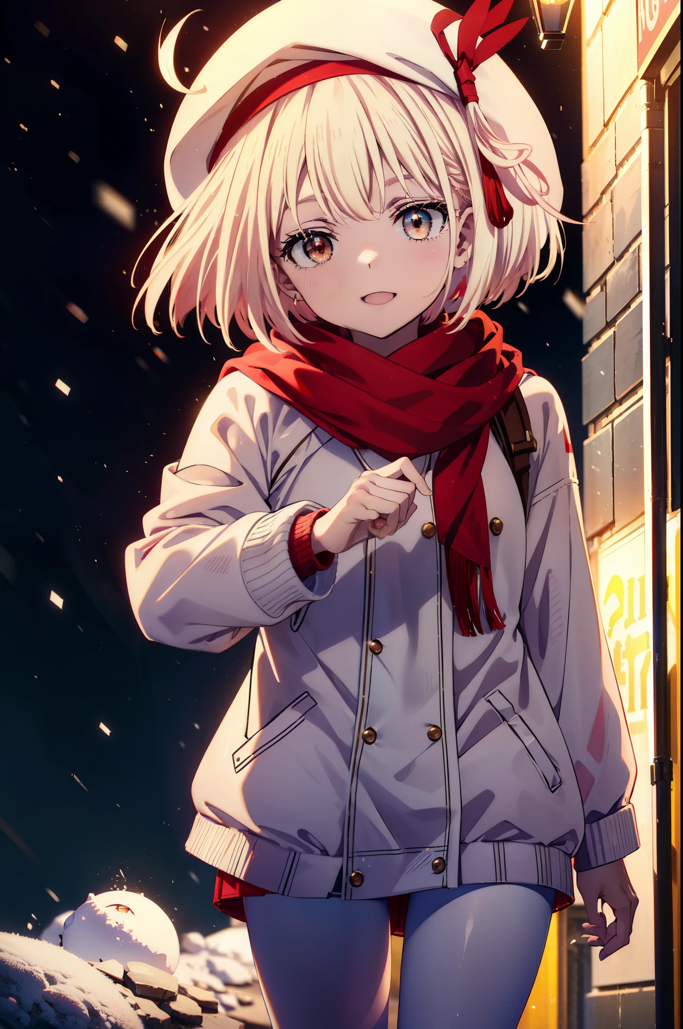 chisatonishikigi, nishikigi chisato,Short Hair , bangs, blonde,Bobcut (Red eyes:1.5),happy smile, smile, Open your mouth,Red oversized down jacket,White knit hat,White scarf,White Sweater,Shorts,White pantyhose,sneakers,Shirogane World,Snow is piling up,it's snowing,it's snowing,winter,Cold Sky,morning,morning陽,The sun is rising,
break looking at viewer, whole body, Upper Body,(Cowboy Shot:1. 5)
break outdoors, c that,Building Street,
break (masterpiece:1.2), highest qualそれy, High resolution, unそれy 8k wallpaper, (shape:0.8), (Beautiful and beautiful eyes:1.6), Highly detailed face, Perfect lighting, Highly detailed CG, (Perfect hands, Perfect Anatomy),