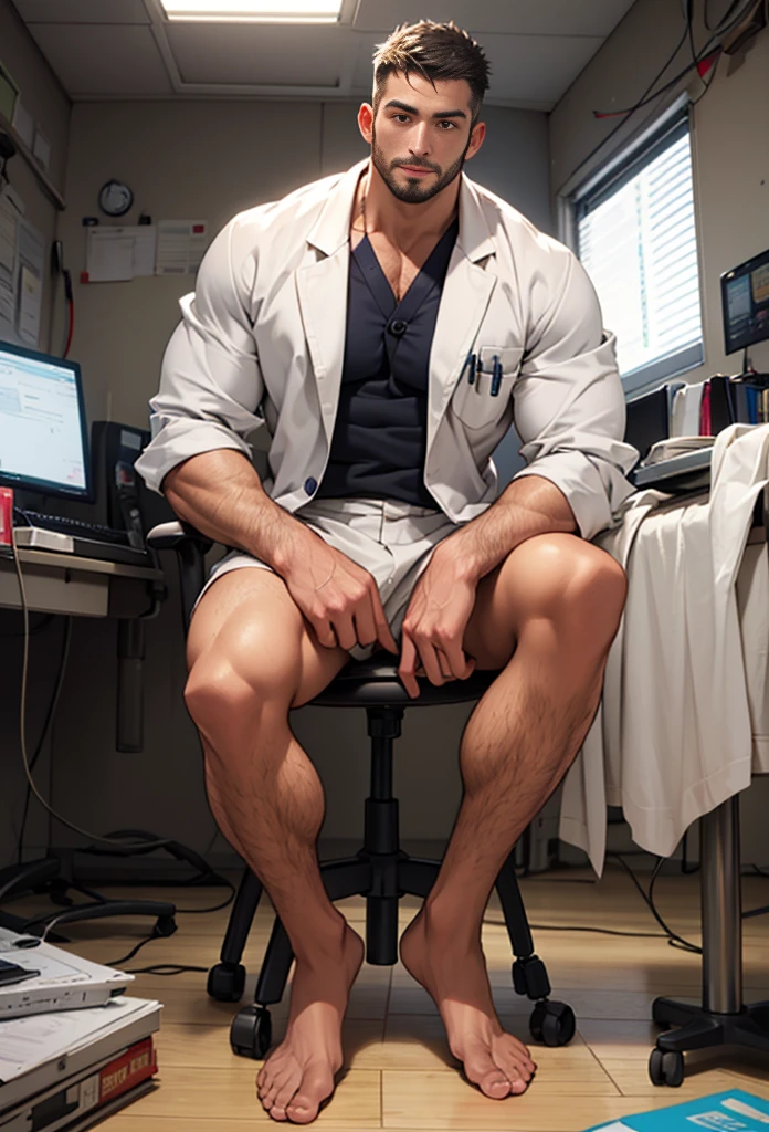 One european man with big  and beard, seated in a table, full body, tall, slim waist, muscled, mature and handsome male, the man is wearing doctor uniform with some wet parts, tight large bulge hard, long legs, looking at viewer, 30 years old, short haircut, muscular man wearing a white shirt, doctor tools, no shoes, shirt buttons undone, hospital ambient