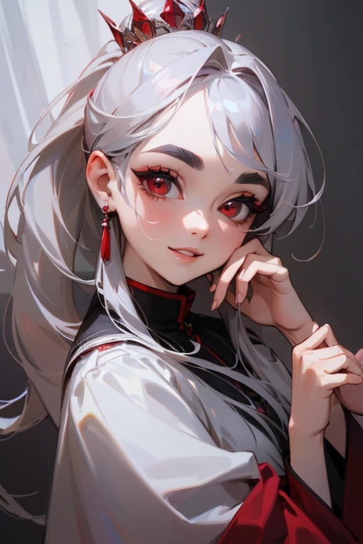 (highest quality, masterpiece:1.2), High resolution, Very detailed, Realistic:1.37, Fantasy, An illustration,Gray Hair、 Red eyes、Queen, White Dress、Platinum decoration、beautifully、Eyeshadow Red、Thick eyebrows、Long eyelashes、pupils are black、shiny on the lips、Top Sites、Queen、Princess、ponytail、A kind smile、Show your teeth a little and smile、Soft impression、people々々々々々々々々Loved by、Slimming the face、Shoulder Bare、sexy、