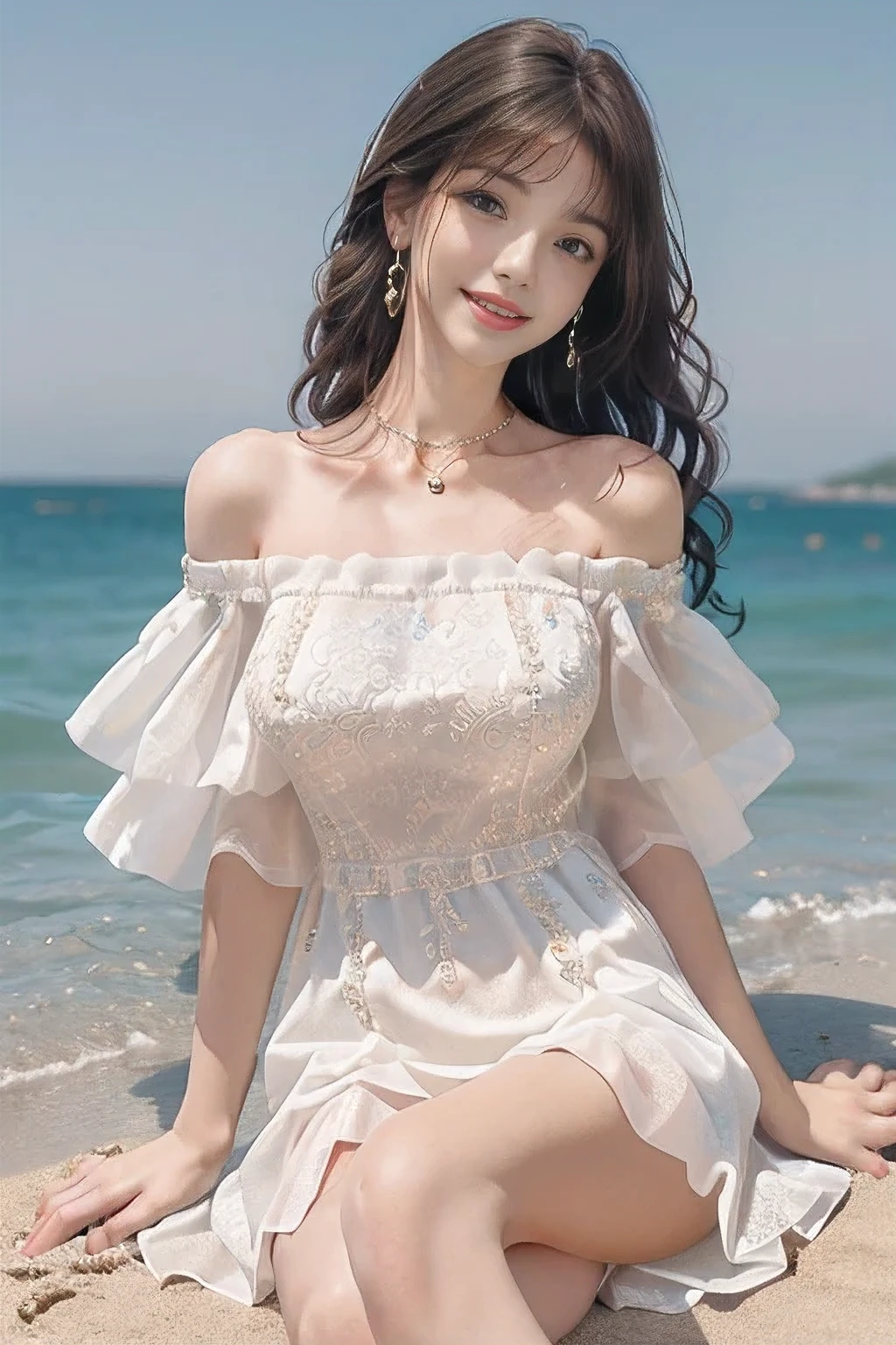 ((actual)), 1 busty girl, Posing for photos, exteriors, Seafront, Lie flat on the beach, Cross ed leg, pretty legs,detailed scene, curlies, Air bangs, beautiful hair ornaments, Brownish-yellow hair, ((Sweet girly clothes 4,Off-the-shoulder dress,jewely,)), illuminate warmly, warm color palette, Detailed details, ultra - detailed, (tmasterpiece, Best quality at best), (An extremely delicate and beautiful work), Delicate earrings, Delicate necklace, simple blurr background, Extremely detailed description, Ultra-fine painting, delicated face, slim toned body, (ssmile, Teeth are exposed), (Anatomical correct)