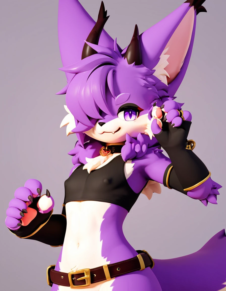 score_9,score_8_up,score_7_up,score_6_up,score_5_up,score_4_up, Lynx, purple fur, purple eyes, anthro, long hair, wavy hair, purple hair, eyeliner, eyelashes, black eyeshadow, furry art, cheeks tuft, shoulder tuft, male focus, femboy, finguerless gloves, cute fangs, kemono, shota, neck fluff, fluffy neck, claws, black nails, evil smile, solo focus, bedroom background, covered nipples, fluffy tail, 3d, blender software, crop top, hair over eye, head tuft, 5 fingers, collar, vinyl material, fingerless gloves, belt, arm warmers, little horns, fluffy, disheveled, hair over shoulder,