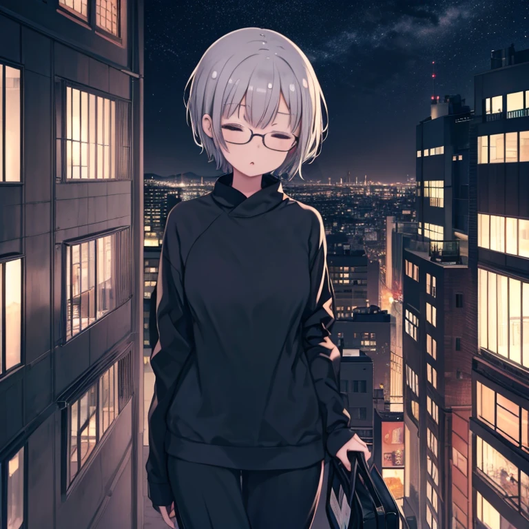 Short Hair Woman, Gray Hair, Wear glasses, Wearing a black sweatshirt, close your eyes, walking, Oral Teaching, With nothing in hand, At the office at night, Buildings at night in the scenery seen from the window