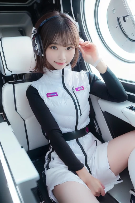((NSFW: 1.4)), (acrobatic pose):10,((Detailed face, Professional photography)), ((NSFW, zettai ryouiki, 1 girl)), Ultra-high resolution, (Realistic: 1.4), RAW Photos, highest quality, (PhotoRealistic Stick), concentrated, Soft Light, ((30 years old)), ((Japanese)), (( (Young Face))), (surface), (Depth of written boundary), masterpiece, (Realistic),(inside ISS):3, woman, ,astrovest:2,headphone:2,smartwatch,,bangs, ((1 girl)),(black sleeves):2,(black tights):2,inside spacestation,inside spacecraft,,zero gravity,smile,open leg,blush:1.5,hidden hands,neotech