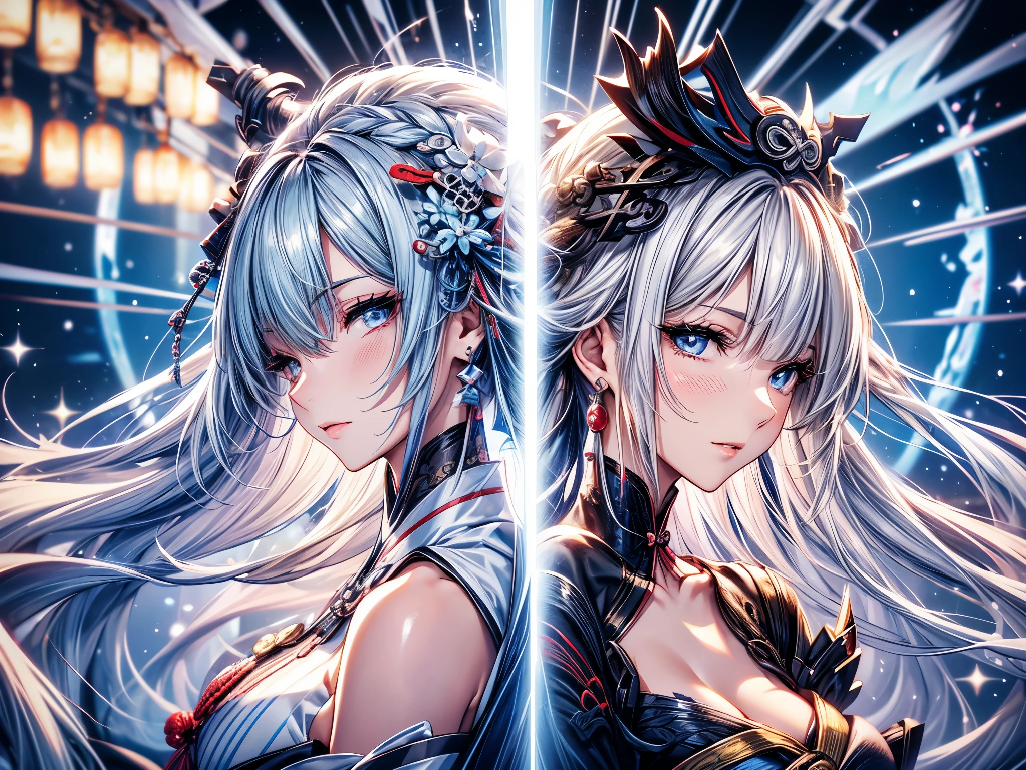 (Ultra-delicate), (Be focused), (high resolution), (((Silver hair with gradient stripes and light blue tail))), Cute beauty face, Fine facial textures, ((Light blue eyes)), thin eyebrows, long upper eyelashes, Double eyelids, Upper Eye, (super detailed eyes), Sexy lips, lip details, White skin, Delicate skin, Deformed depth of field blurred background, (Detailed background), Perfect layer cut, (full-body shot/Cowboy shooting/side view), wallpaper, Shimmer, complicated, familiar, ((Onmyoji)), particle, constellation, Stardust, Pentagram, God formula, (((Talisman))), mysterious, peaceful, Japan, Black, White Kimono, Fortune Telling, time and space, incantations, ((Yin Yang Liao)), ((Japan宮廷)), Artistic, 8k