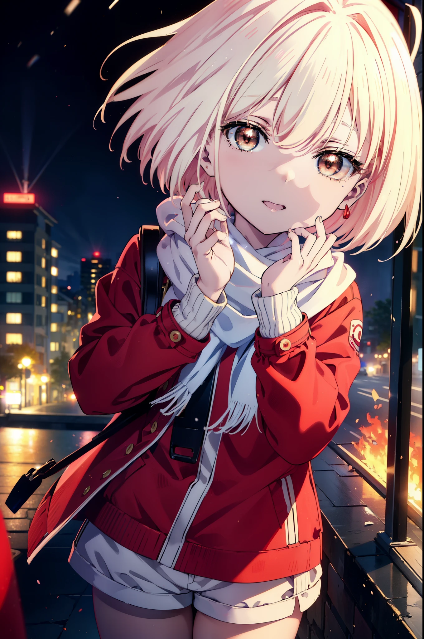 chisatonishikigi, nishikigi chisato,Short Hair , bangs, blonde,Bobcut (Red eyes:1.5),happy smile, smile, Open your mouth,Red oversized coat,White knit hat,White scarf,White Sweater,Shorts,White pantyhose,sneakers,Shirogane World,Snow is piling up,it&#39;s snowing,it&#39;s snowing,winter,Cold Sky,morning,morning陽,The sun is rising,
break looking at viewer, whole body, Upper Body,(Cowboy Shot:1. 5)
break outdoors, c that,Building Street,
break (masterpiece:1.2), highest qualそれy, High resolution, unそれy 8k wallpaper, (shape:0.8), (Beautiful and beautiful eyes:1.6), Highly detailed face, Perfect lighting, Highly detailed CG, (Perfect hands, Perfect Anatomy),