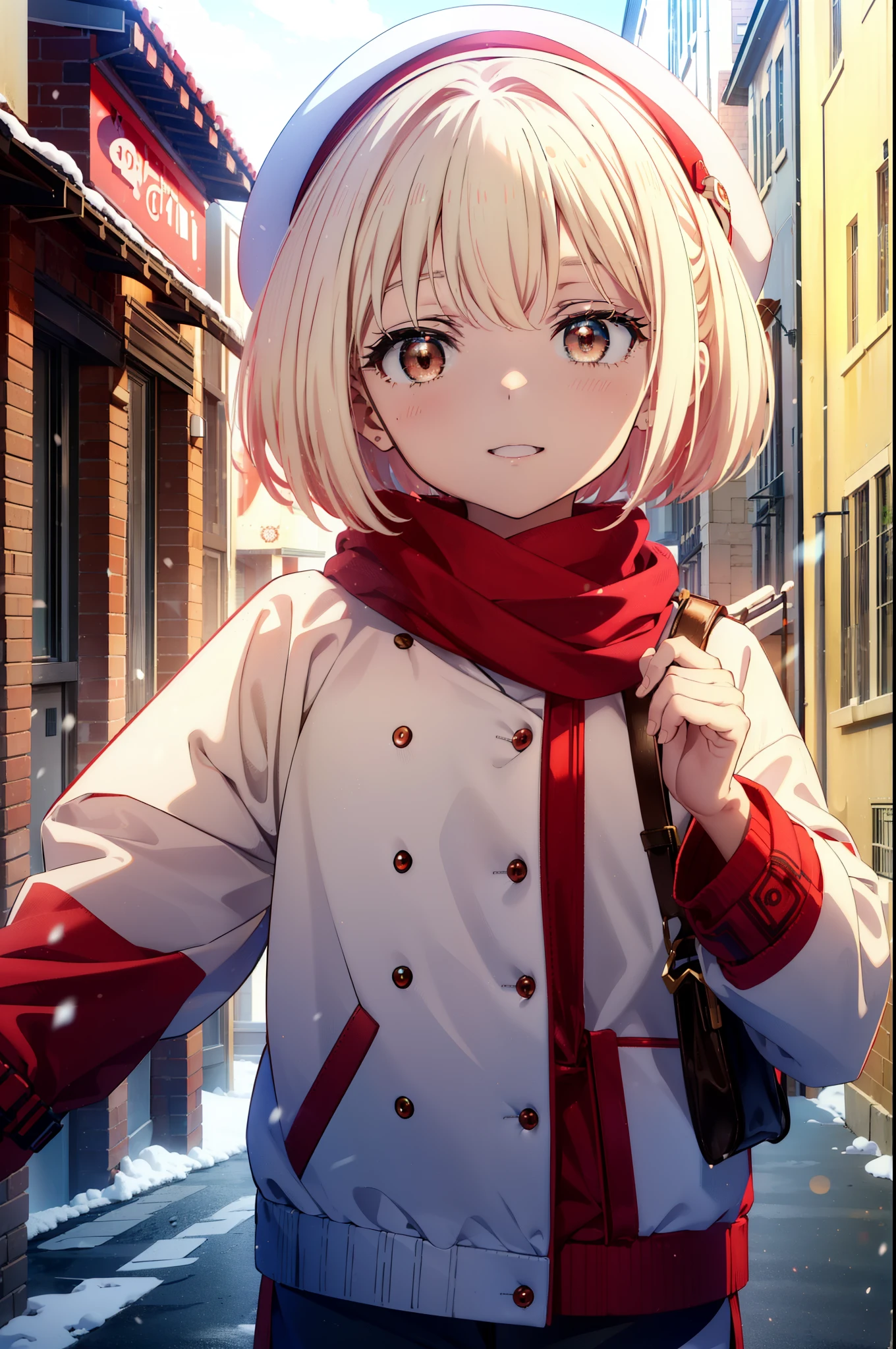 chisatonishikigi, nishikigi chisato,Short Hair , bangs, blonde,Bobcut (Red eyes:1.5),happy smile, smile, Open your mouth,Red oversized coat,White knit hat,White scarf,White Sweater,Shorts,White pantyhose,sneakers,Shirogane World,Snow is piling up,it's snowing,it's snowing,winter,Cold Sky,morning,morning陽,The sun is rising,
break looking at viewer, whole body, Upper Body,(Cowboy Shot:1. 5)
break outdoors, c that,Building Street,
break (masterpiece:1.2), highest qualそれy, High resolution, unそれy 8k wallpaper, (shape:0.8), (Beautiful and beautiful eyes:1.6), Highly detailed face, Perfect lighting, Highly detailed CG, (Perfect hands, Perfect Anatomy),