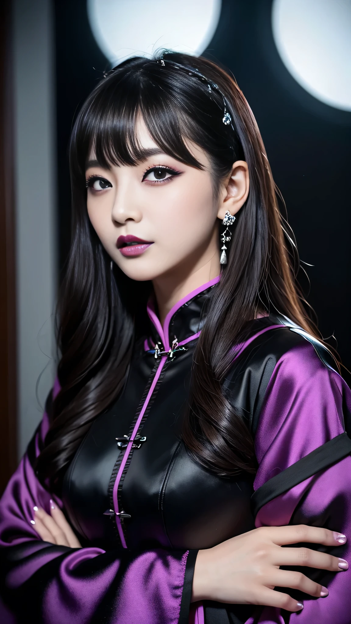One woman、best quality、ultra-detailed、4k、Japanese、Seductive beauty、seductive adult woman、Pretty Woman、cool girl、Villainess、Brainwash、Fallen into evil、smirk、Evil look、Wicked Smile、evil、Brown hair、wavy hair、swept bangs、dark makeup、dark makeup、piercing eyes、hollow eyes,half-closed eyes、Hollow Eyes、Purple Eyeshadow、black lipstick、black lipglos、Long Black Cheongsam、Wide sleeves、night、inside darkroom、Has a switch、Emblem of Evil、Crest of Darkness、Swear allegiance、I have pledged my allegiance、Dye black、Blackening、Stained with evil、Dyed in darkness、