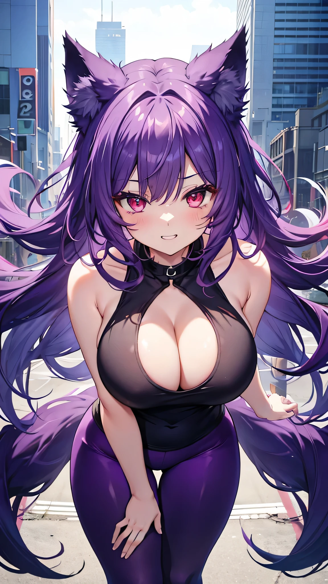 Wolf Girl, Large , Voluminous purple hair, masterpiece , Red eyes, hd, Thick thighs, Head to Chest, buried in my chest、Double teeth、tooth、Chubby、Grinning、leggings、Tank top、Big cleavagour side、Raise your arms