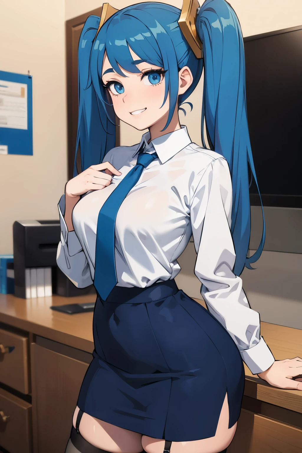 masterpiece, best quality, ultra-detailed, illustration, colorful, flat color, depth of field, 1girl, sona buvelle, anime, standing, blue hair, twintails, blue eyes, looking at viewer, at office, white shirt, blue tie, blue skirt, pencil skirt, thighhighs, garter straps, skindentation, detailed skin texture, detailed cloth texture, beautiful detailed face, seductive grin, large breasts