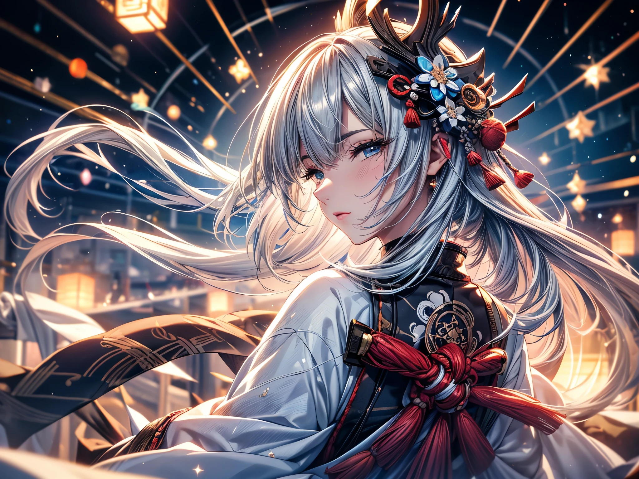 (Ultra-delicate), (Be focused), (high resolution), (((Silver hair with gradient stripes and light blue tail))), One, Cute beauty face, alone, Fine facial textures, ((Light blue eyes)), thin eyebrows, long upper eyelashes, Double eyelids, Upper Eye, (super detailed eyes), Sexy lips, lip details, White skin, Delicate skin, Deformed depth of field blurred background, (Detailed background), Perfect layer cut, (full-body shot/Cowboy shooting/side view), wallpaper, Shimmer, complicated, familiar, ((Onmyoji)), particle, constellation, Stardust, Pentagram, God formula, (((Talisman))), mysterious, peaceful, Japan, Black, White Kimono, Fortune Telling, time and space, incantations, ((Yin Yang Liao)), ((Japan宮廷)), Artistic, 8k