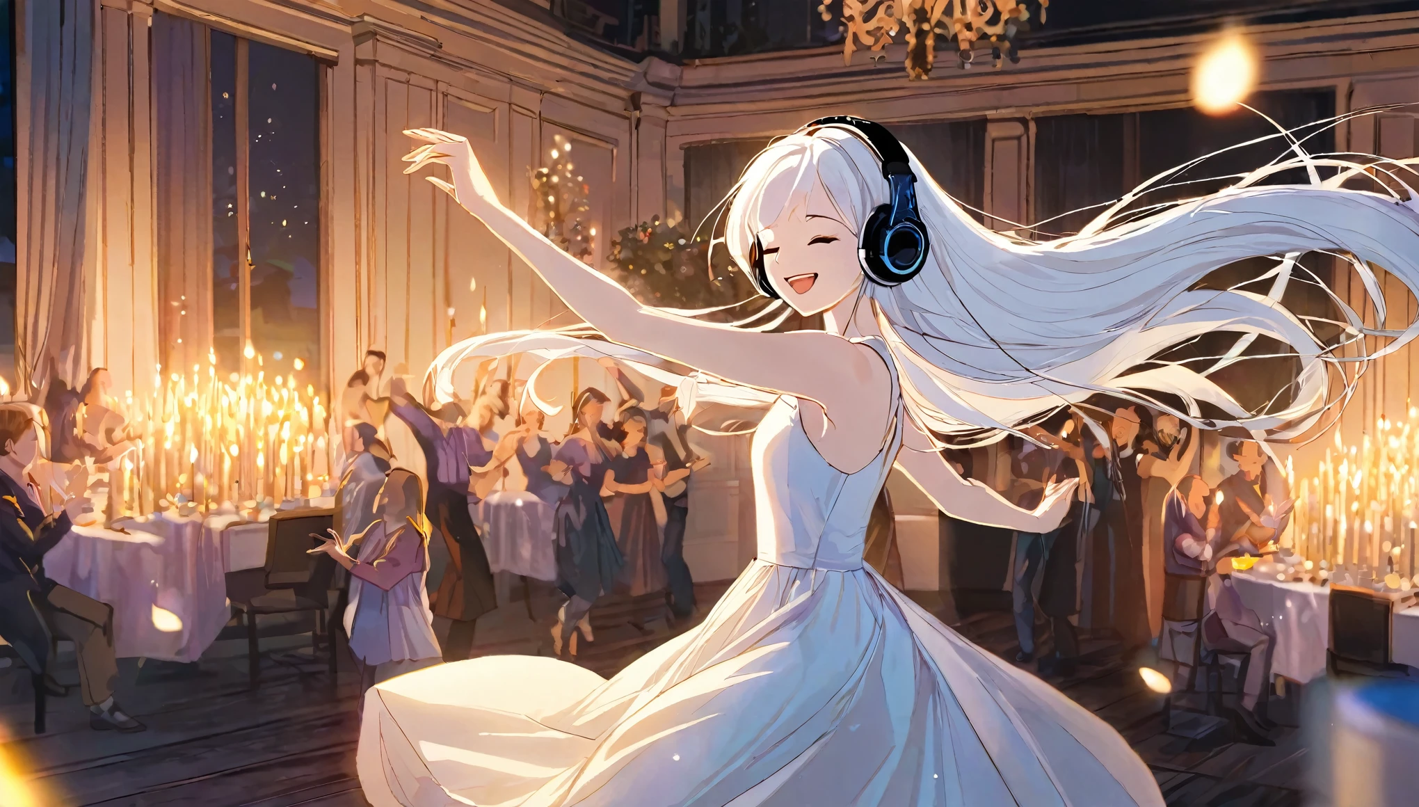 Woman, Headphones, Music, ((Dancing)), ((White Long Hair)), Dress, Romantic, ((Excited)), ((Smile)), ((Close Eyes)), Night, Room, Comfy, Candles, Masterpiece, Best Quality, 4K