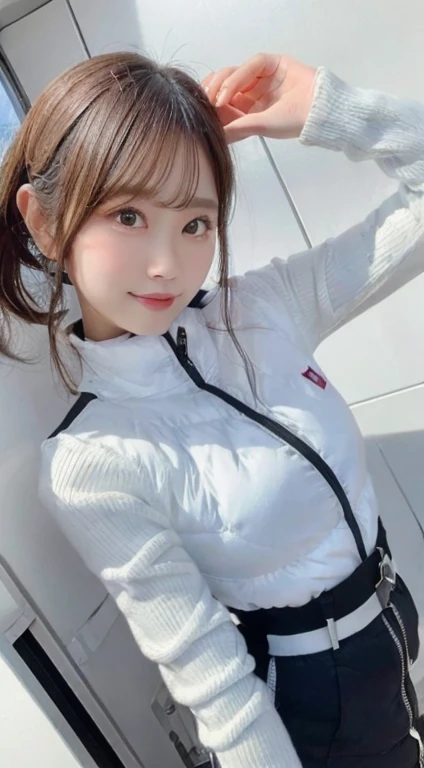 An innocent 20-year-old girl、((White tank top, Dramatic Pose)),smile,BREAK (Spacecraft control room background):2,、BREAK RAW Photos, (8k、highest quality、masterpiece:1.2)、(Intricate details:1.4)、(Photorealistic:1.4)、Octane Rendering、Complex 3D rendering with ultra-detail, Studio Soft Light, Rim Light, Vivid details, Super Detail, Realistic skin texture, Detailed aspect, Beautiful details in the eyes, Highly detailed CG Unity 16k wallpaper, compensate, (Detailed Background:1.2), Glowing Skin, whole body、(astrovest):2,(black long sleeves):5,((Standing with hands behind back、Leaning forward、Angle from above))