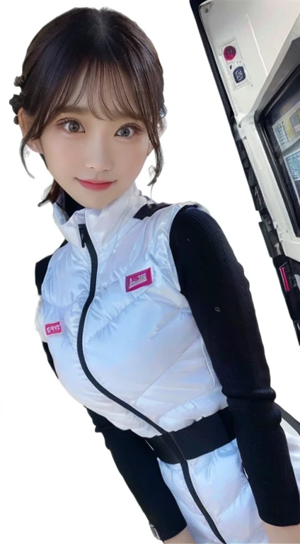 An innocent 20-year-old girl、((White tank top, Dramatic Pose)),smile,BREAK (Spacecraft control room background):2,、BREAK RAW Photos, (8k、highest quality、masterpiece:1.2)、(Intricate details:1.4)、(Photorealistic:1.4)、Octane Rendering、Complex 3D rendering with ultra-detail, Studio Soft Light, Rim Light, Vivid details, Super Detail, Realistic skin texture, Detailed aspect, Beautiful details in the eyes, Highly detailed CG Unity 16k wallpaper, compensate, (Detailed Background:1.2), Glowing Skin, whole body、(astrovest):2,(black long sleeves):5,((Standing with hands behind back、Leaning forward、Angle from above))