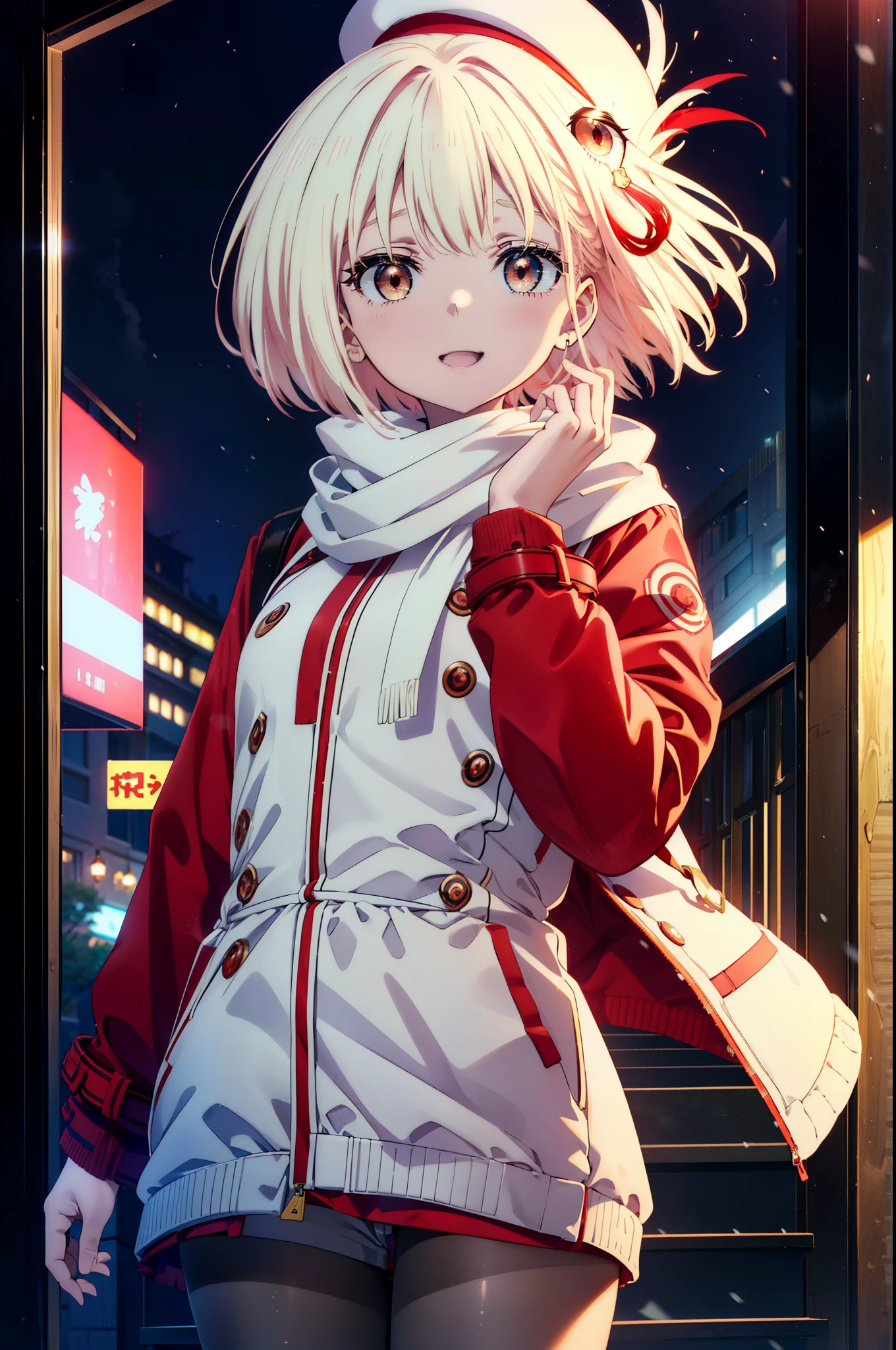chisatonishikigi, nishikigi chisato,Short Hair , bangs, blonde,Bobcut (Red eyes:1.5),happy smile, smile, Open your mouth,Red oversized coat,White knit hat,White scarf,White Sweater,Shorts,White pantyhose,sneakers,Shirogane World,Snow is piling up,it's snowing,it's snowing,winter,Cold Sky,morning,morning陽,The sun is rising,
break looking at viewer, whole body, Upper Body,(Cowboy Shot:1. 5)
break outdoors, c that,Building Street,
break (masterpiece:1.2), highest qualそれy, High resolution, unそれy 8k wallpaper, (shape:0.8), (Beautiful and beautiful eyes:1.6), Highly detailed face, Perfect lighting, Highly detailed CG, (Perfect hands, Perfect Anatomy),