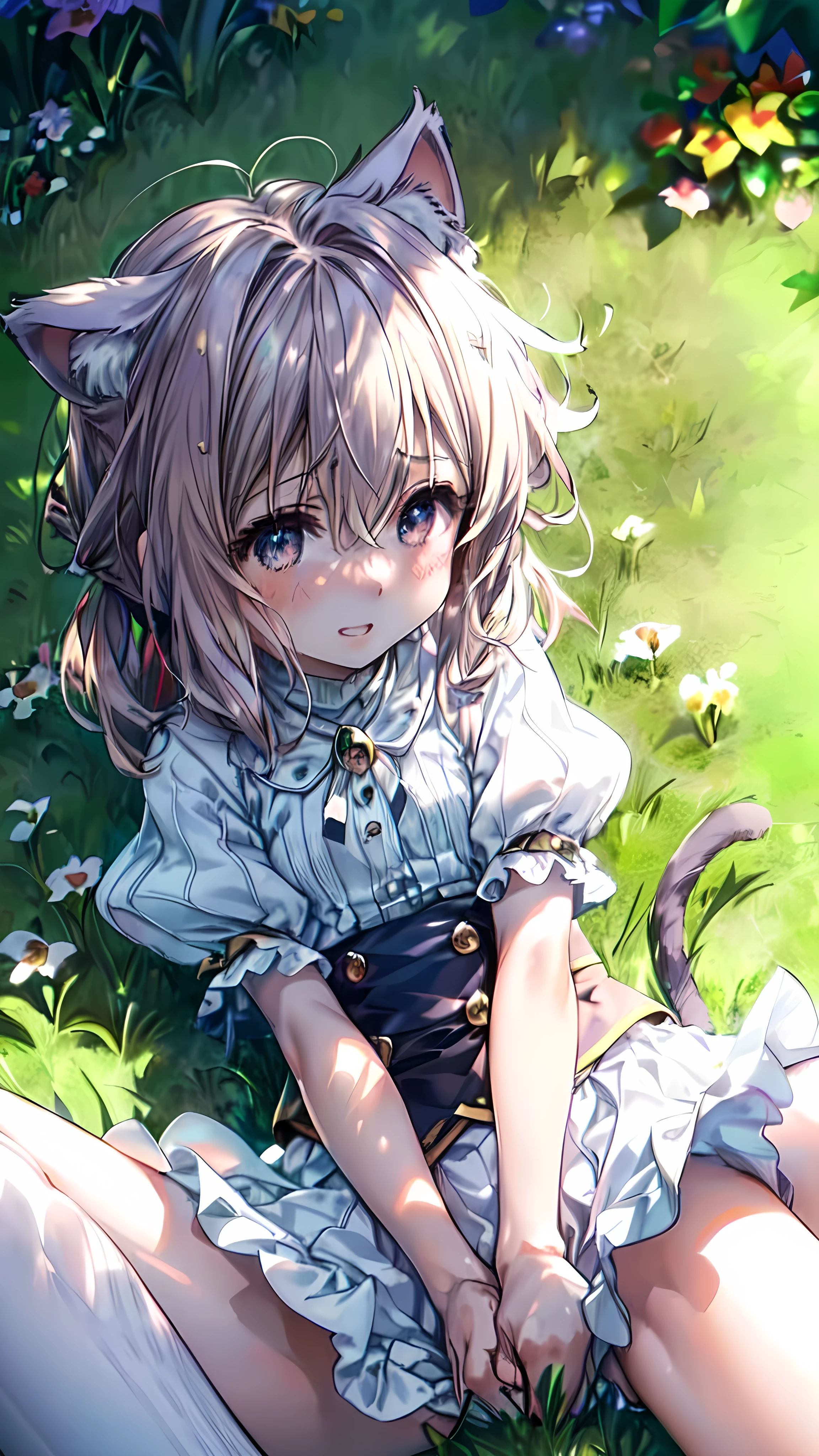 (Ultra-high resolution of the highest quality, masutepiece, Best Quality, 8K, Super Detail, Best Quality:1.3), (1 littlegirl:2), (smallbody:2), (tiny body:2), (Loli:2), (flat chest:1.1), (petite body:2), (small build:2), (slender body:1.1), (drooping eyes:1.3), (blush cheek:1.4), front view, beautiful hair, beautiful face, beautiful eyes, beautiful body, beautiful hands, (clothes:1.4), (orgasm:1.6), (drunkard:1.7), (half open eyes:1.2), (face focus:1.6), (from above:1.2), open mouth, (grin broadly:1.2), outdoor, park, (lying on lawn:1.4), (cat ear:1.3), (cowboy shot:1.4), (up legs, knees bend), (spread legs:1.6), (make a fist)