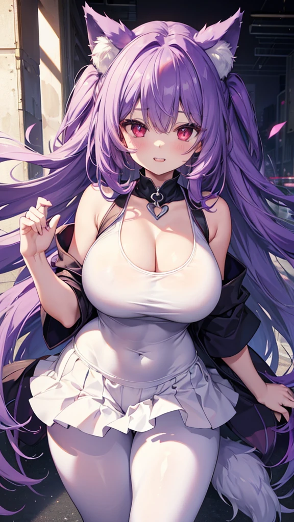 Wolf Girl, Large Breasts, Voluminous purple hair, masterpiece , Red eyes, hd, Thick thighs, Head to Chest, buried in my chest、Double teeth、tooth、Chubby、Grinning、White leggings、White tank top、Big cleavage、